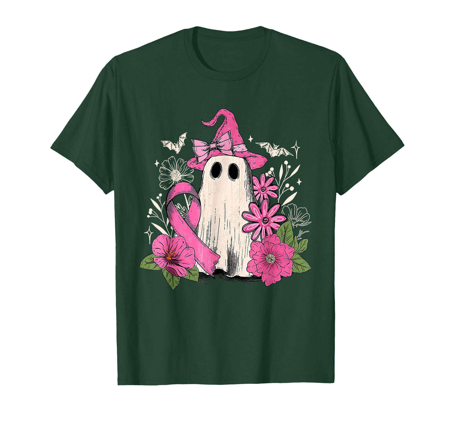 Pink Ribbon Floral Ghost Witch Breast Cancer Awareness T-Shirt