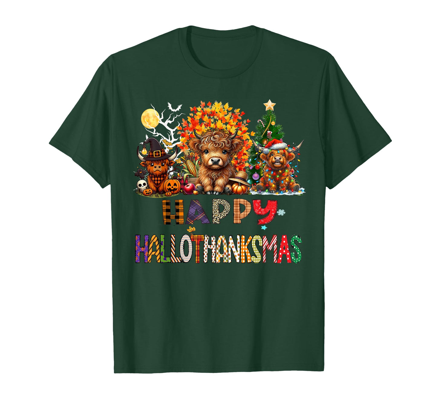 Happy Halloween Thanksgiving Christmas Highland Cow Holiday T-Shirt