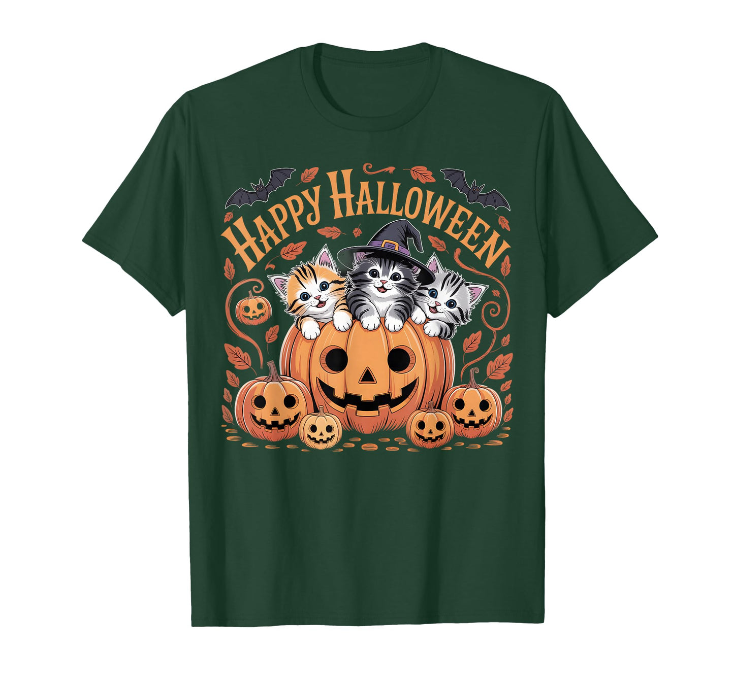 Happy Halloween Cats in Pumpkin with Witch Hat Design T-Shirt
