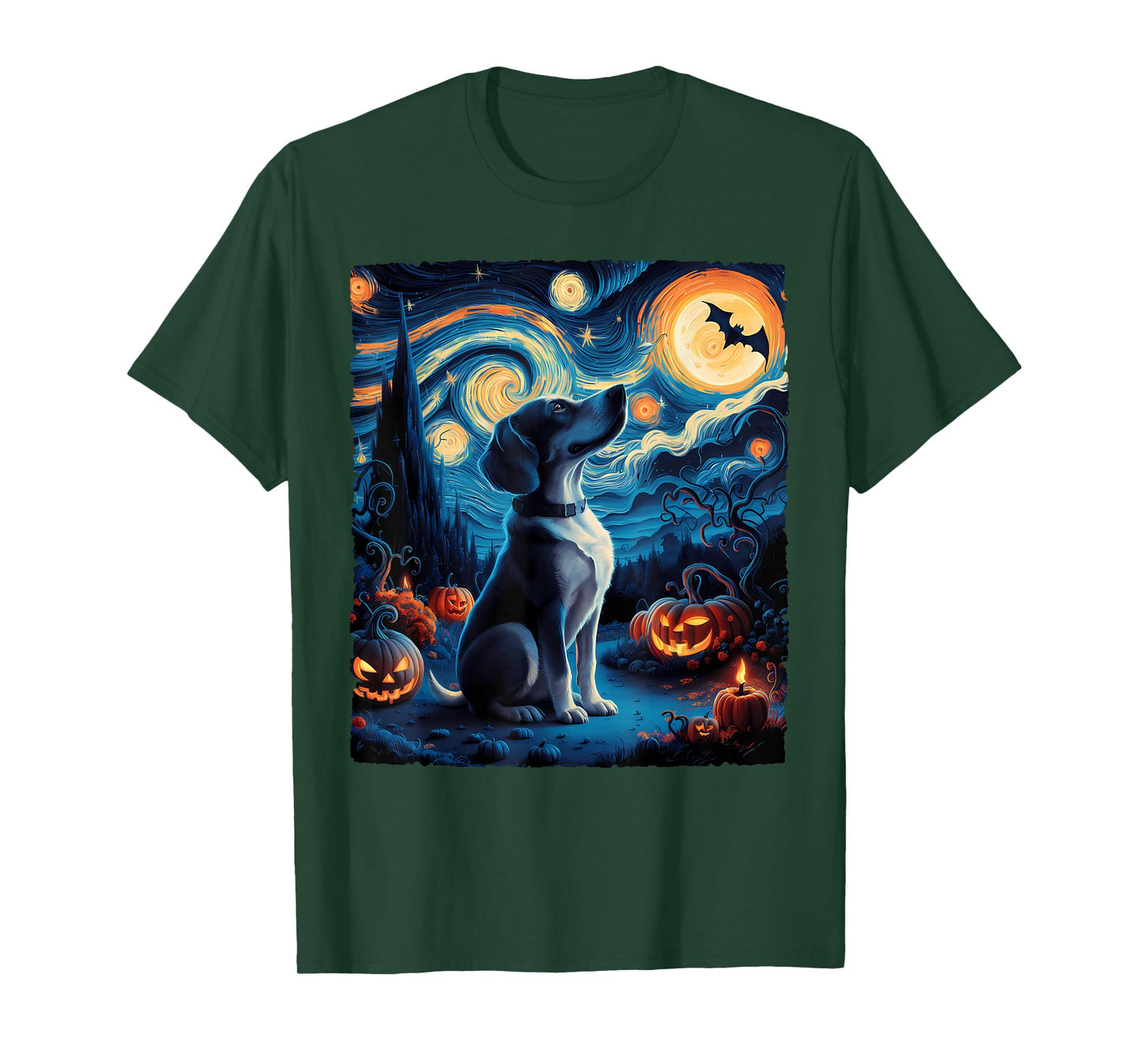 Van Gogh' Starry Night Dog Pumpkins Bats Funny Halloween Tee T-Shirt for Men Women Kids