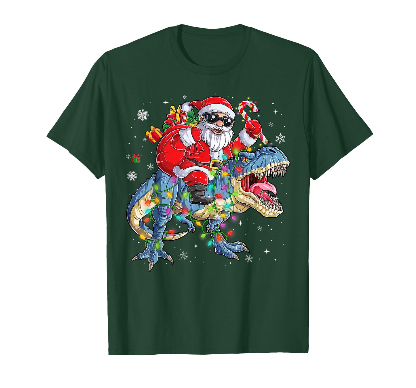 Santa Riding Dinosaur Lights Christmas Kids Boys Men Xmas T-Shirt