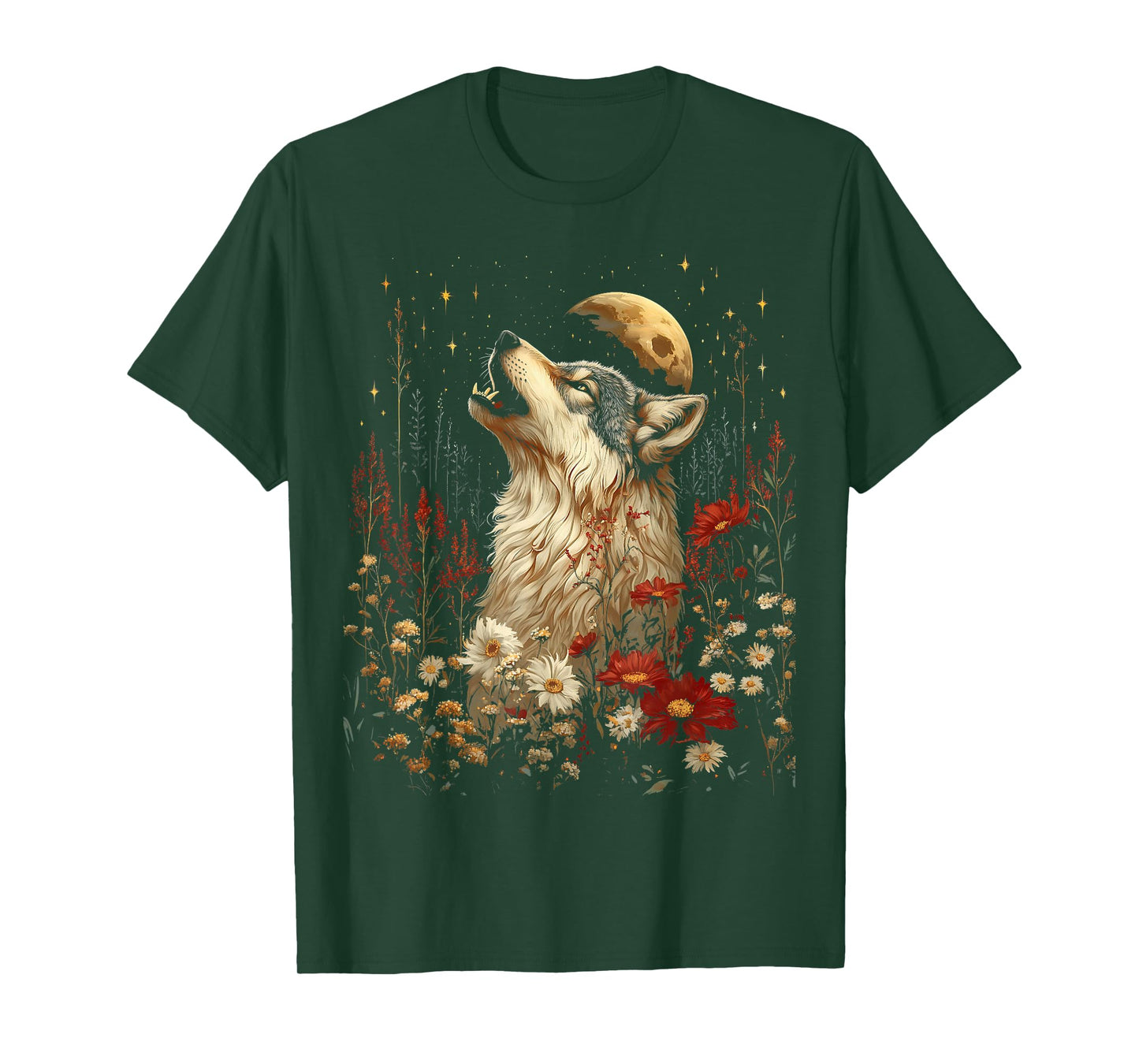 Boho Wolf Howling at the Moon Floral Mystical Graphic Women T-Shirt