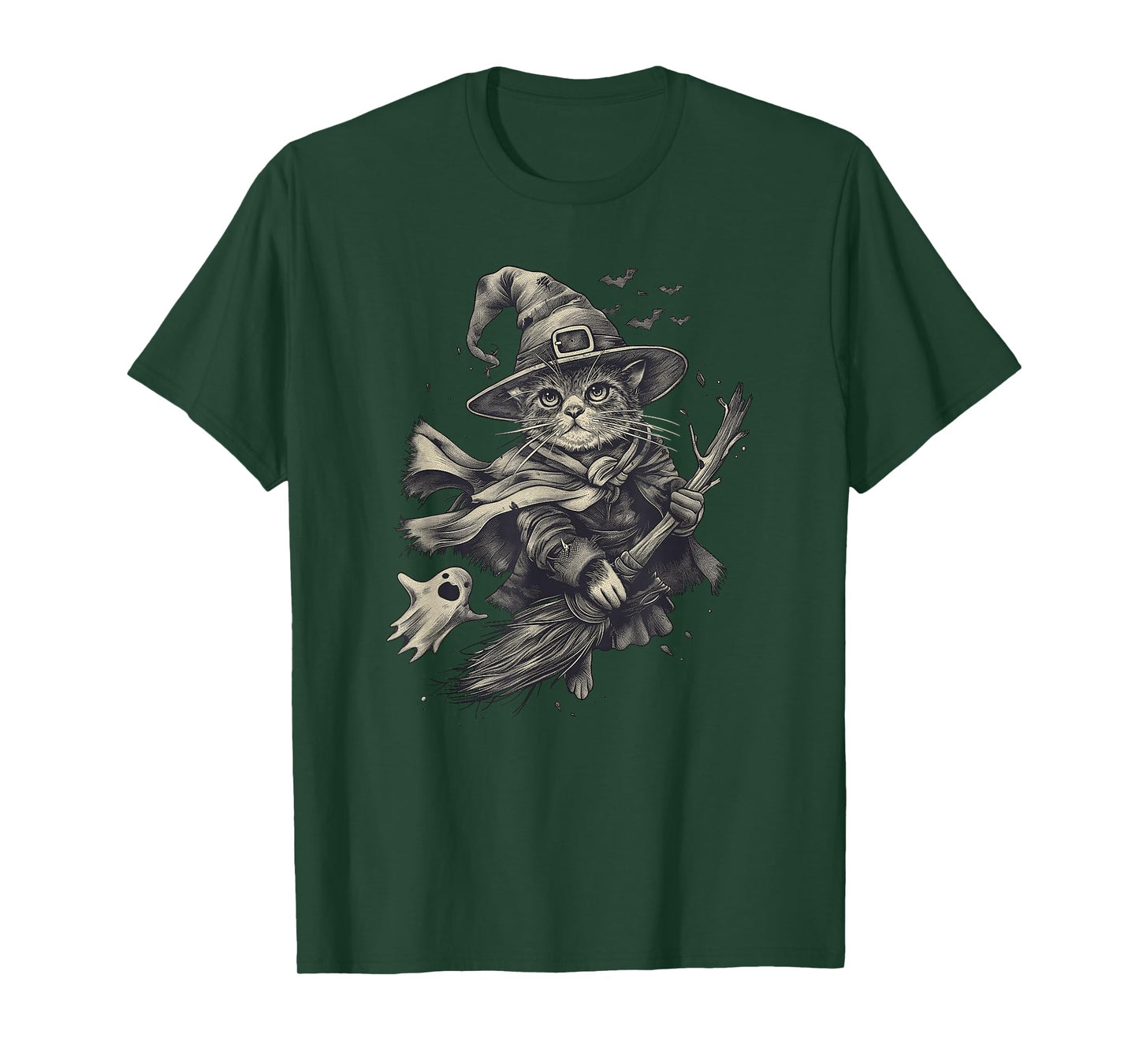 Vintage Halloween Cat Witch Broomstick T-Shirt
