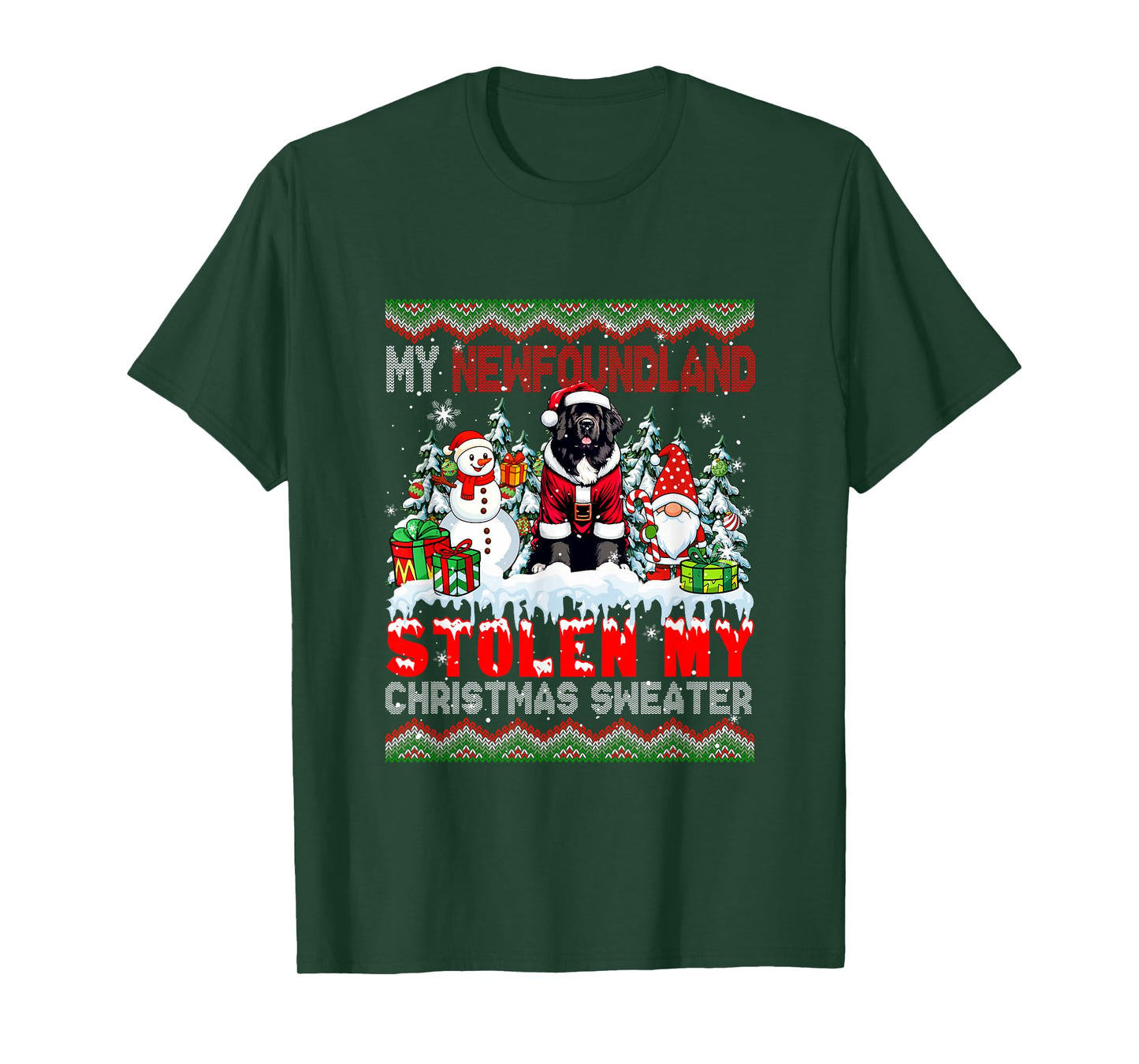 My Newfoundland Stolen My Christmas Sweater Santa Dog Gnome T-Shirt