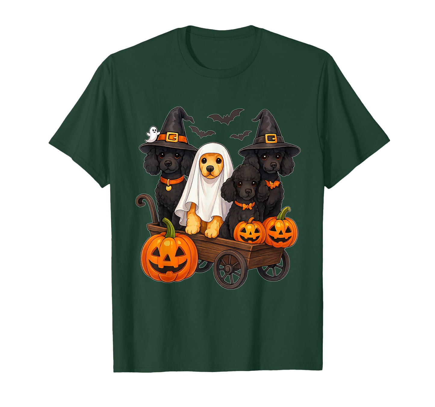 Halloween Poodle Dogs Ghost Witch Pumpkins Wooden Wagon Cute T-Shirt