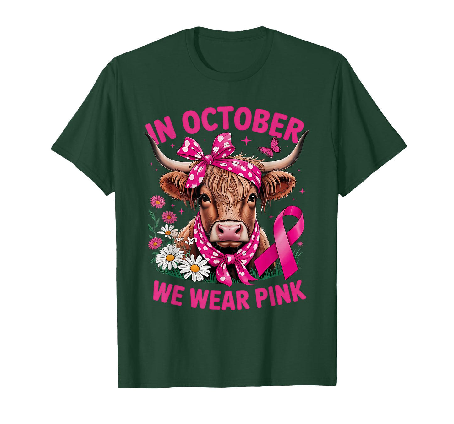 Highland Cow in October We Wear Pink Breast Cancer Awareness T-Shirt