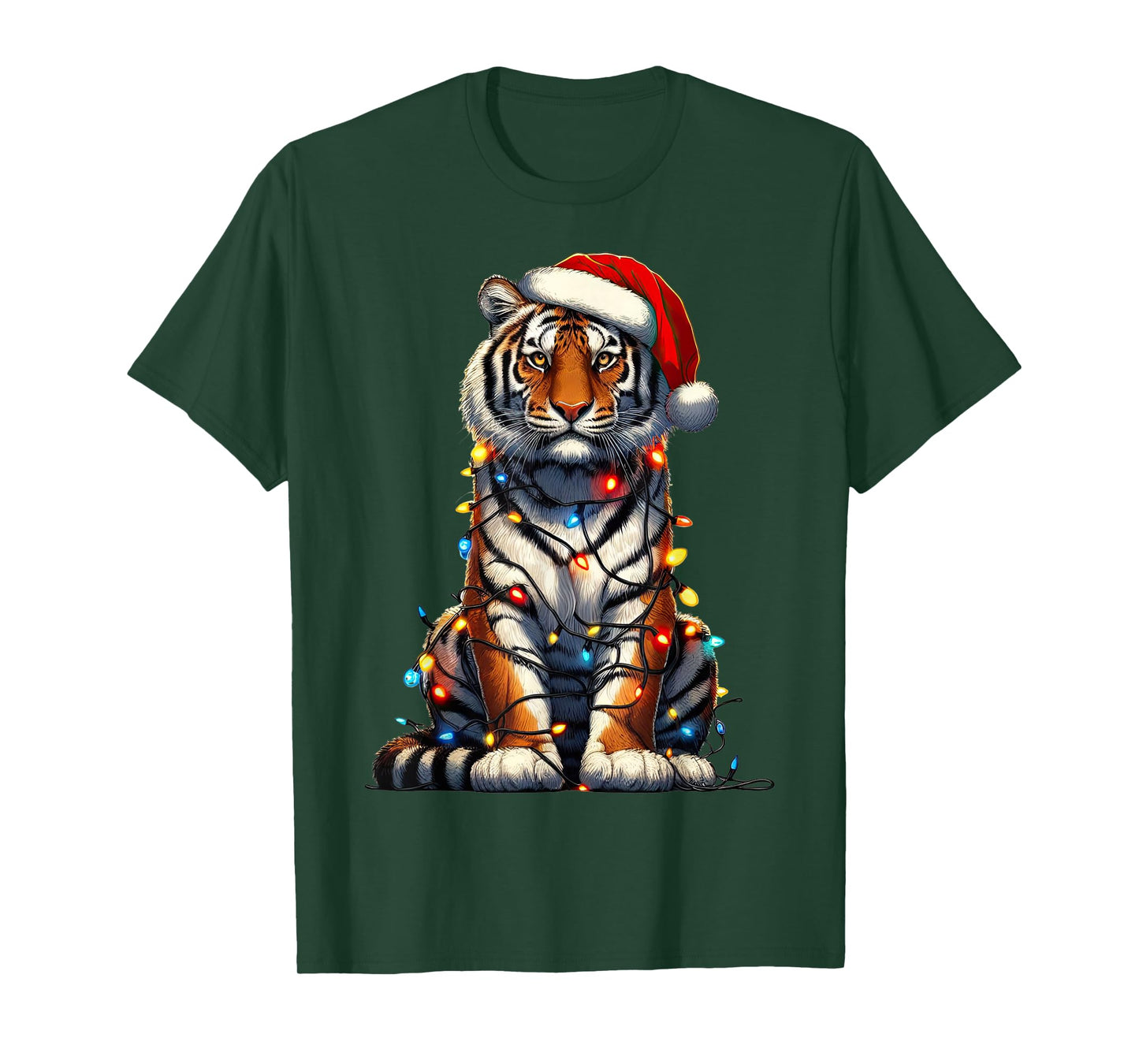 Tiger Christmas Lights Funny Santa Hat Merry Xmas T-Shirt