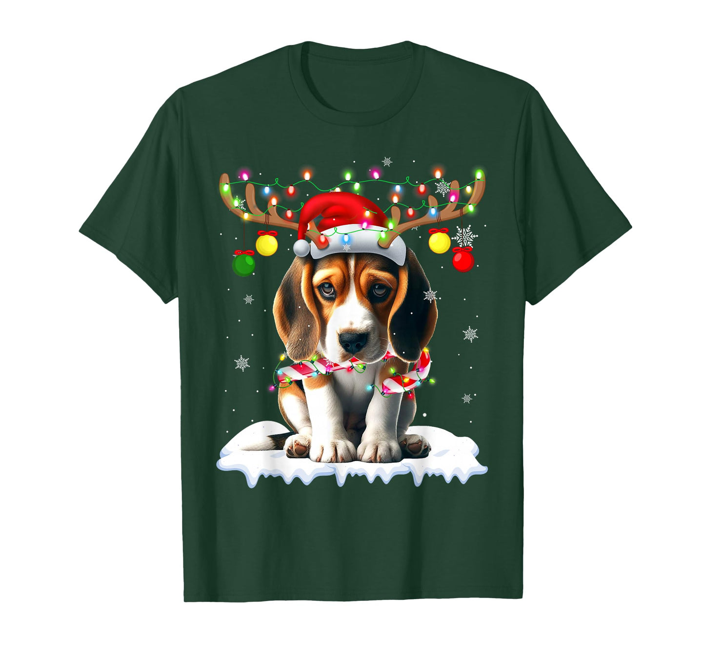 Santa Beagle Christmas Lights Funny Reindeer Dog Xmas Tree T-Shirt
