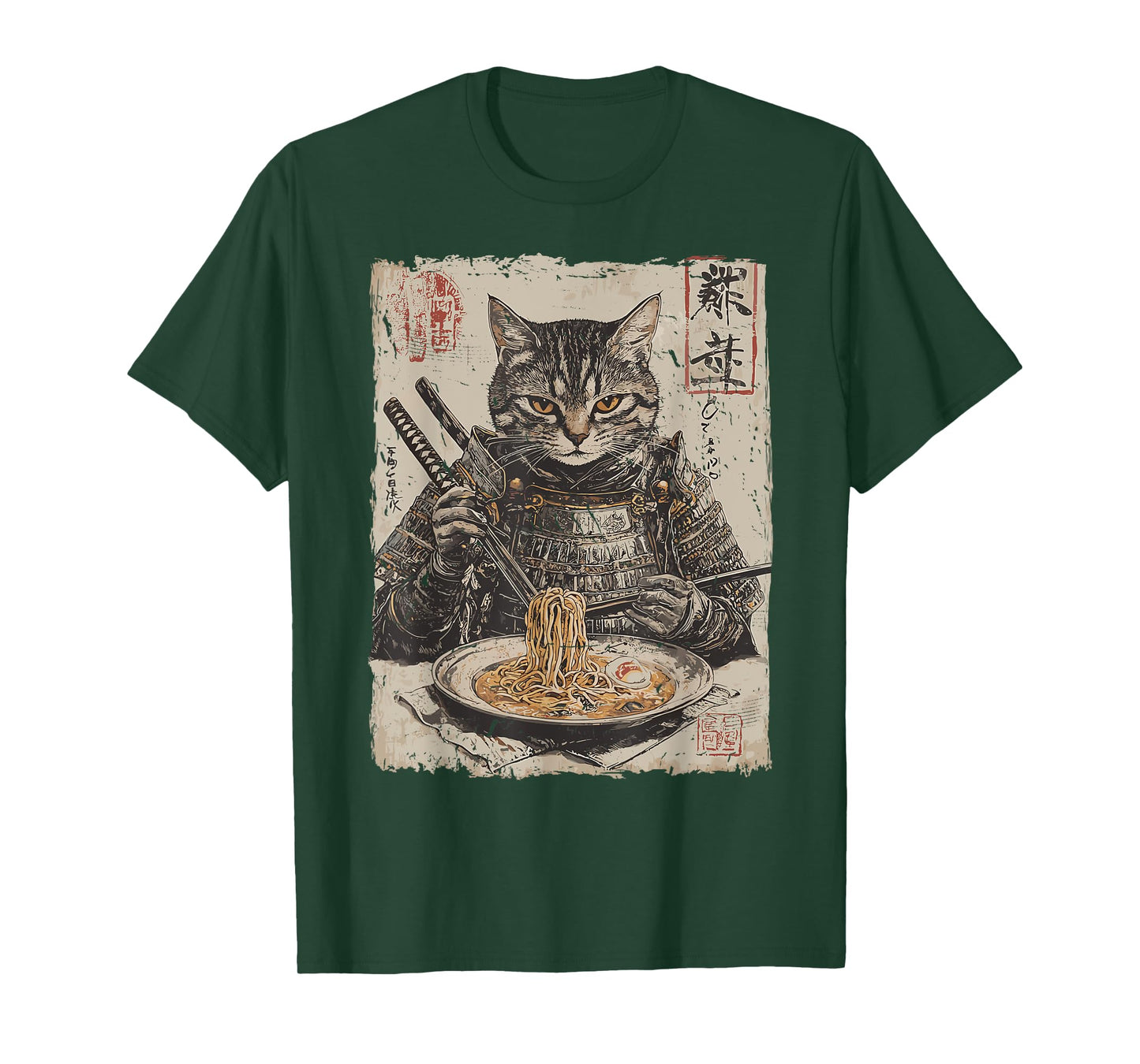 Samurai Cat Loves Ramen Funny Anime Japanese Artwork Samurai T-Shirt