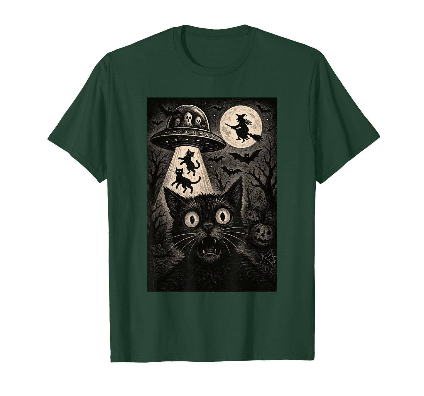 Halloween Cat Selfie Spooky Night Alien Abduction Cats UFO T-Shirt