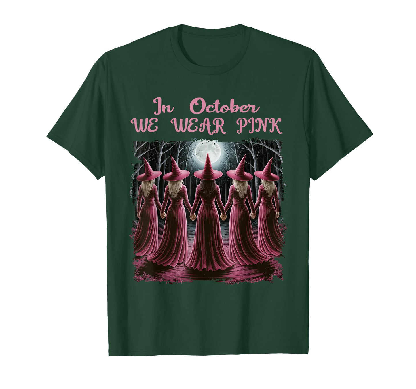 in October We Wear Pink Witch Halloween Breast Cancer Women T-Shirt