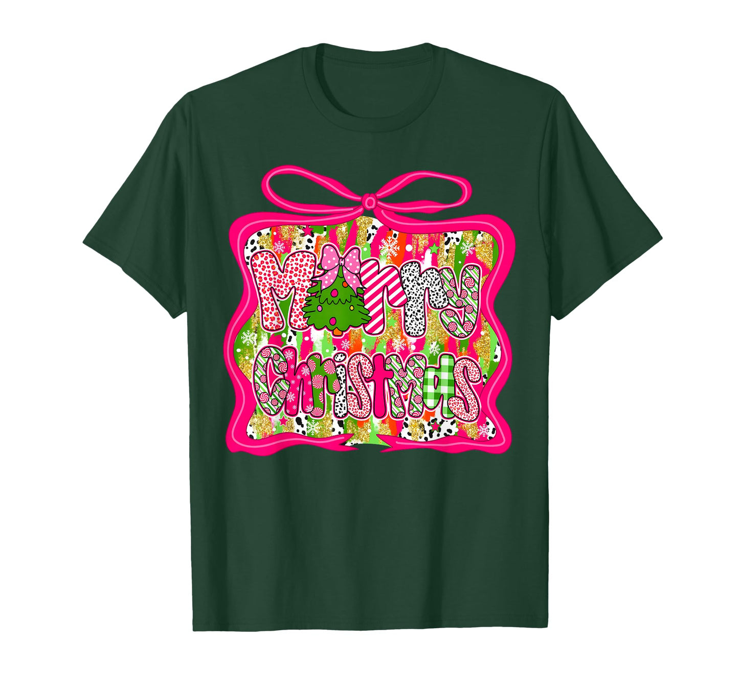 Coquette Pink Bow Merry Christmas Tree Xmas Pajamas Holiday T-Shirt