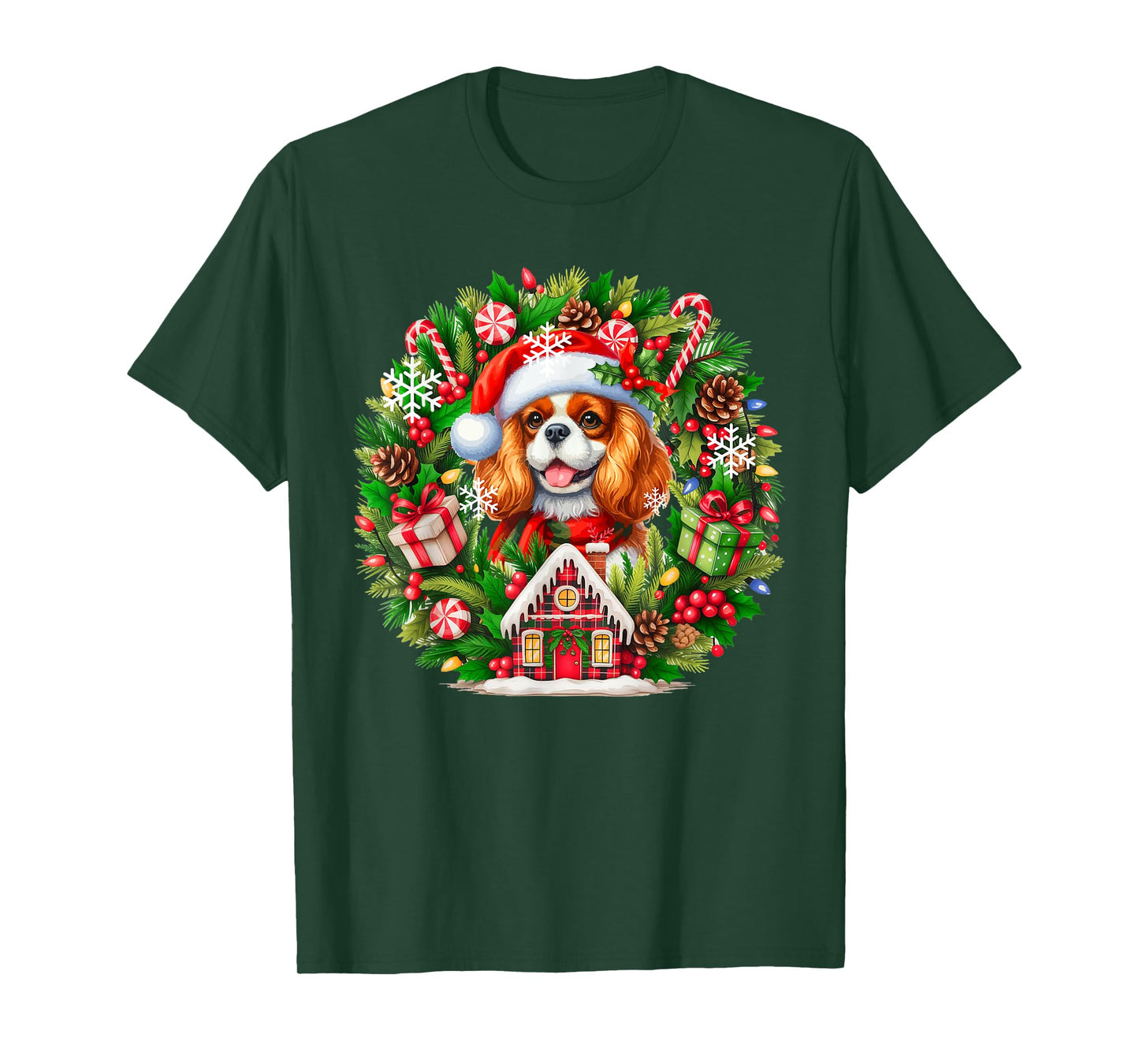 Santa Cavalier King Charles Spaniel Christmas Floral Circle T-Shirt