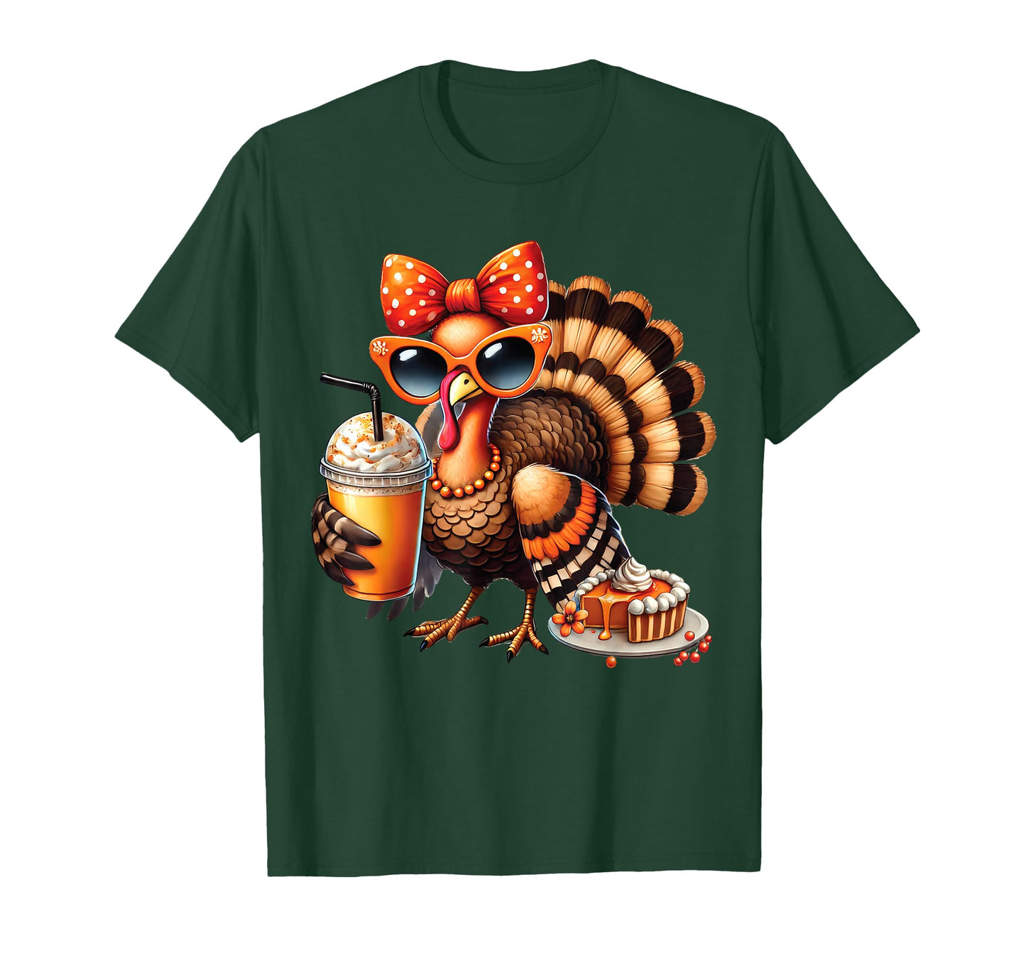 Turkey Drinking Coffee Bow Thanksgiving Womens Turkey Day T-Shirt