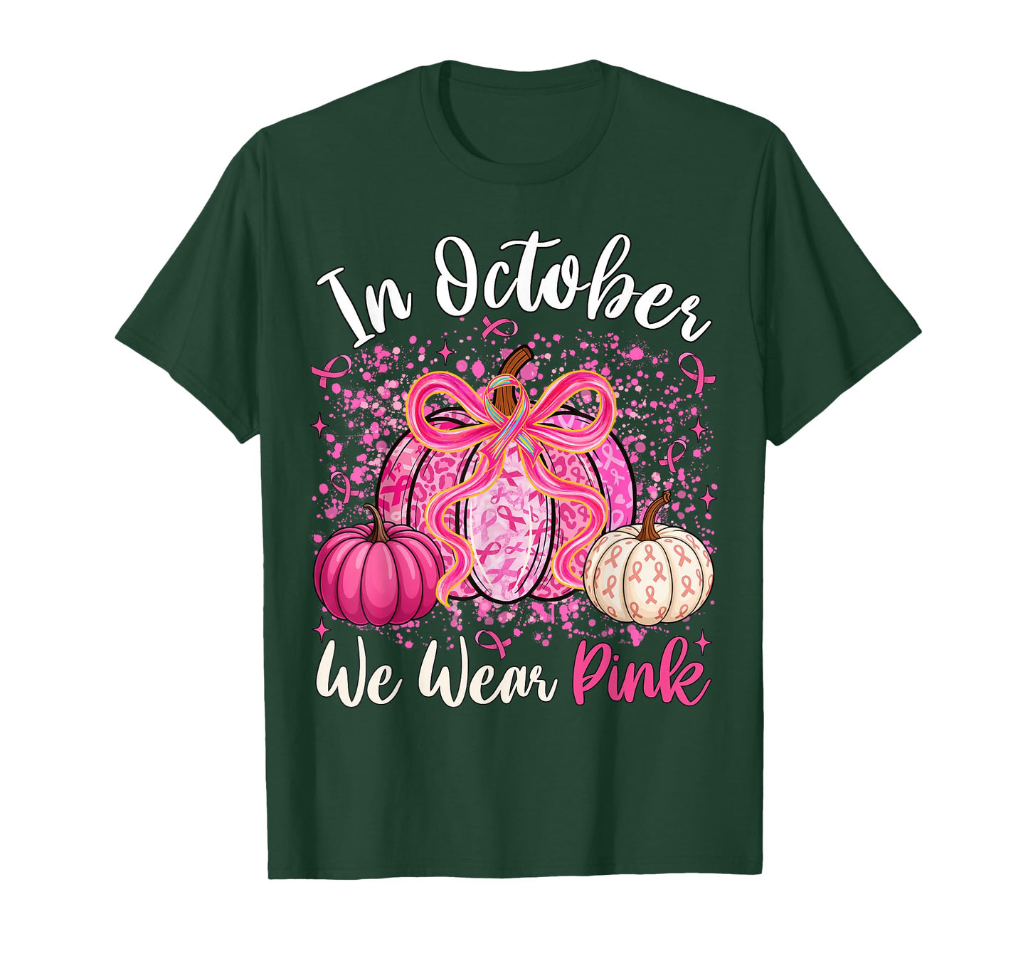 in October We Wear Pink Pumpkin Coquette Bow Breast Cancer T-Shirt