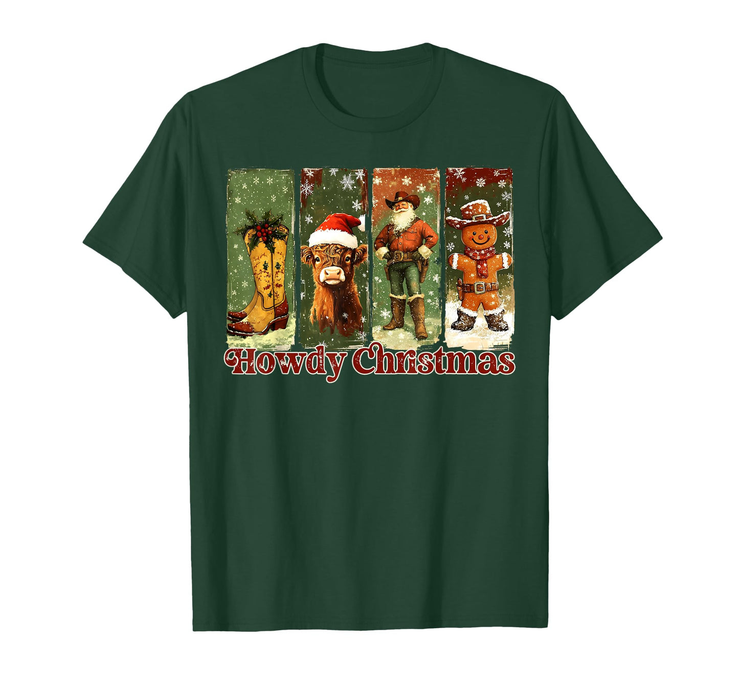 Retro Howdy Christmas Santa Highland Cow Gingerbread Cowboy T-Shirt
