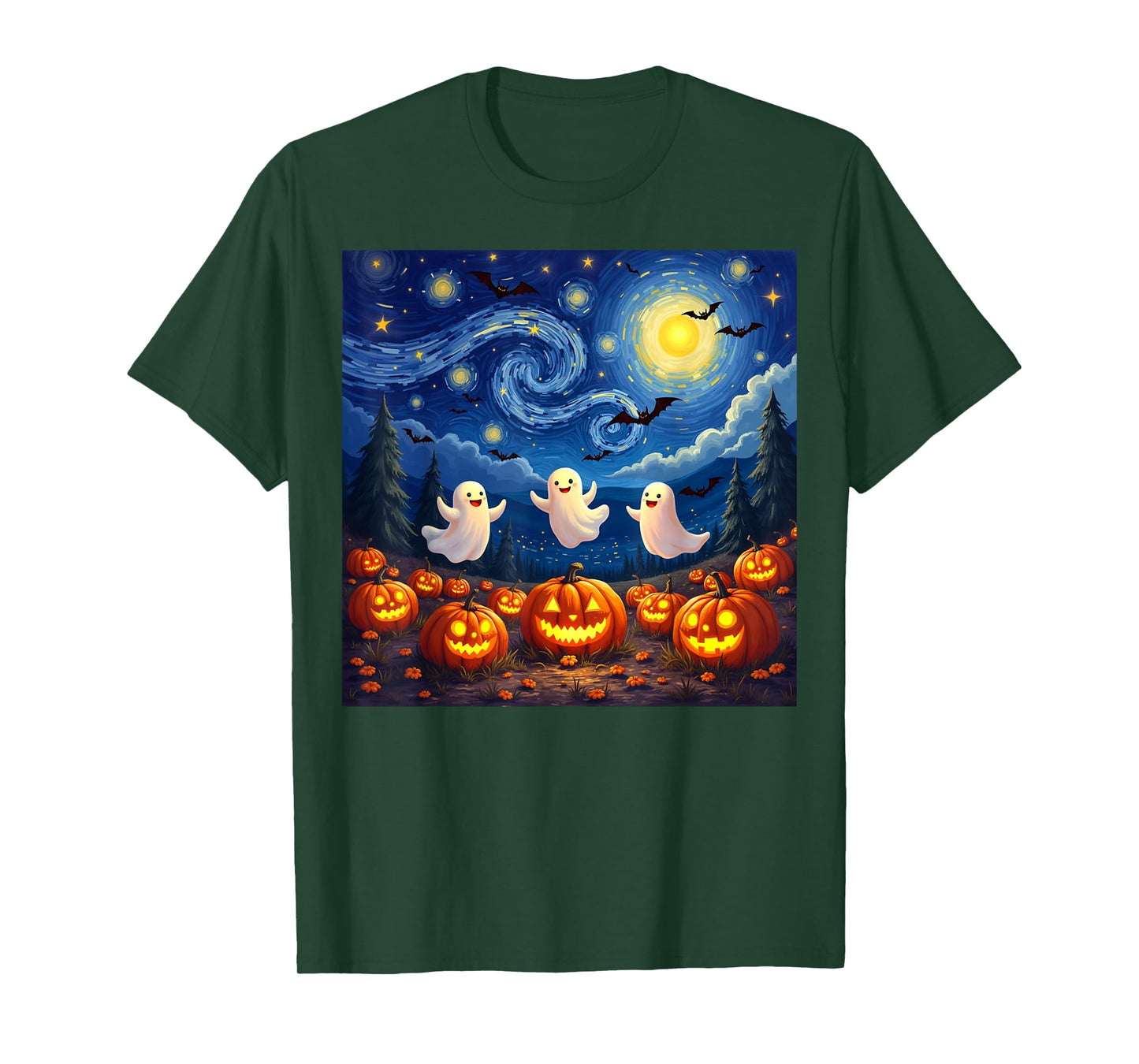 boo ghost halloween pumpkin Starry Night Van Gogh men women T-Shirt