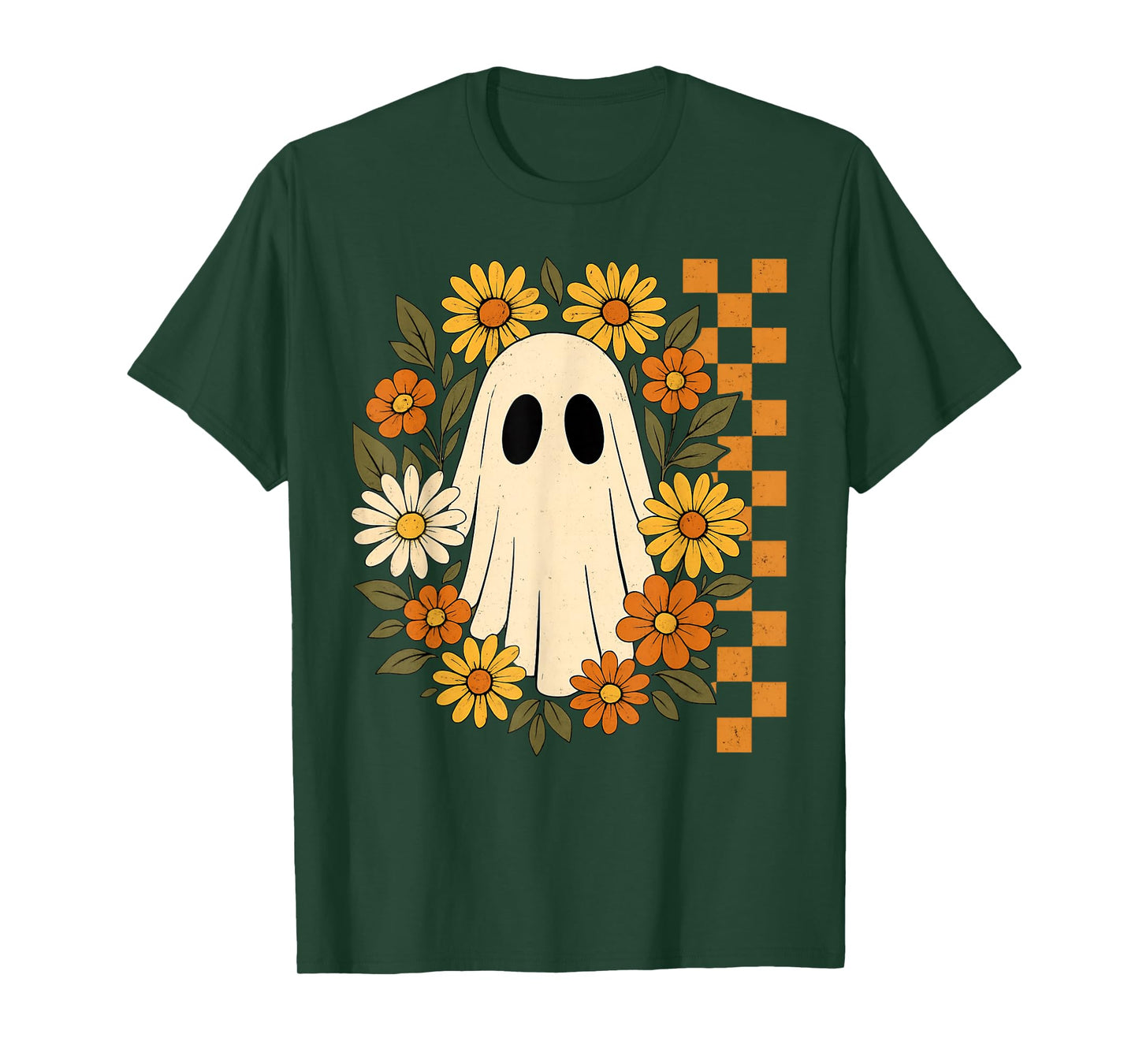Retro Floral Ghost Checkered Autumn Halloween Women Kids T-Shirt