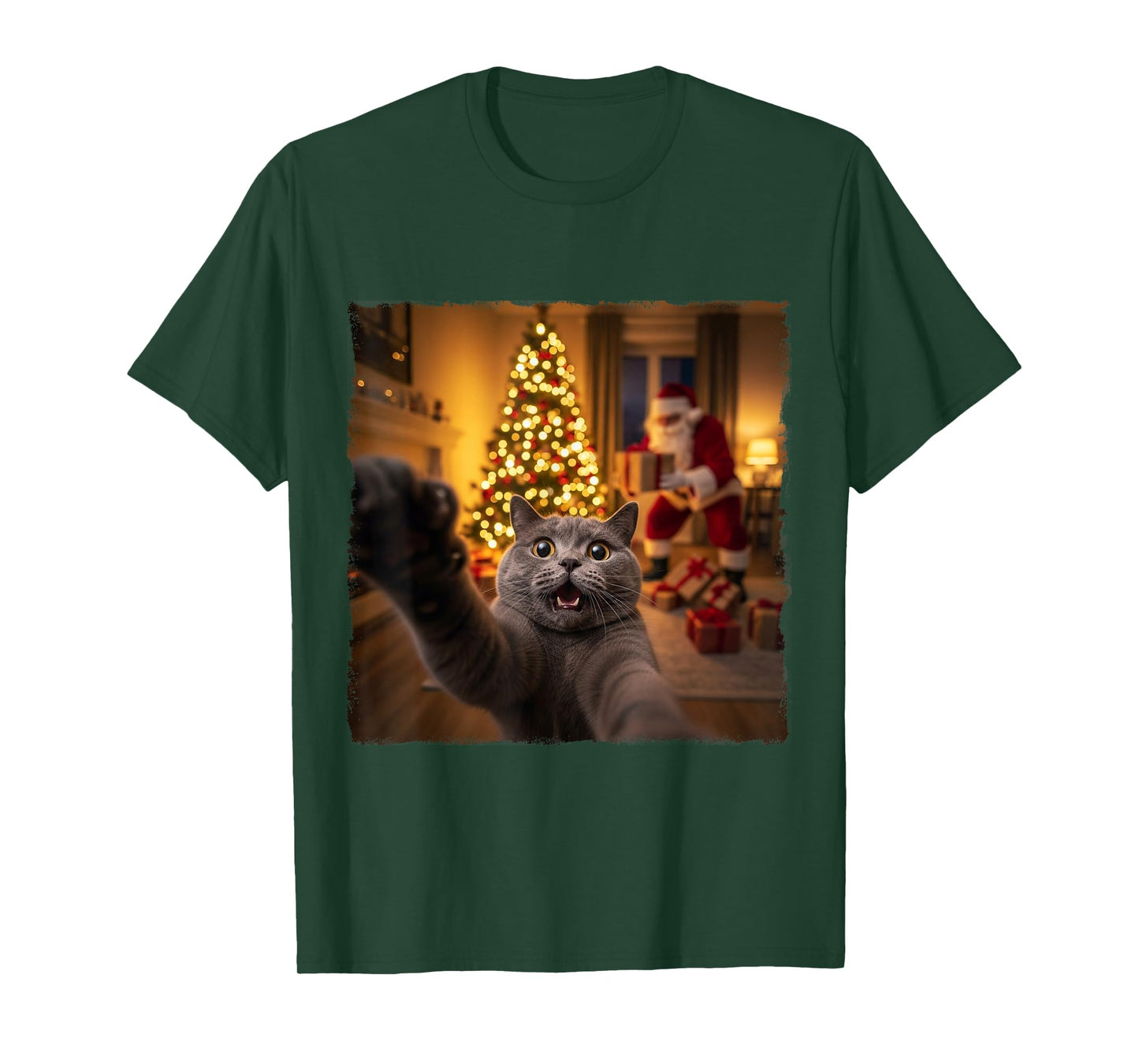 Funny Grey Cat Selfie with Santa Claus Gifts Christmas Night T-Shirt