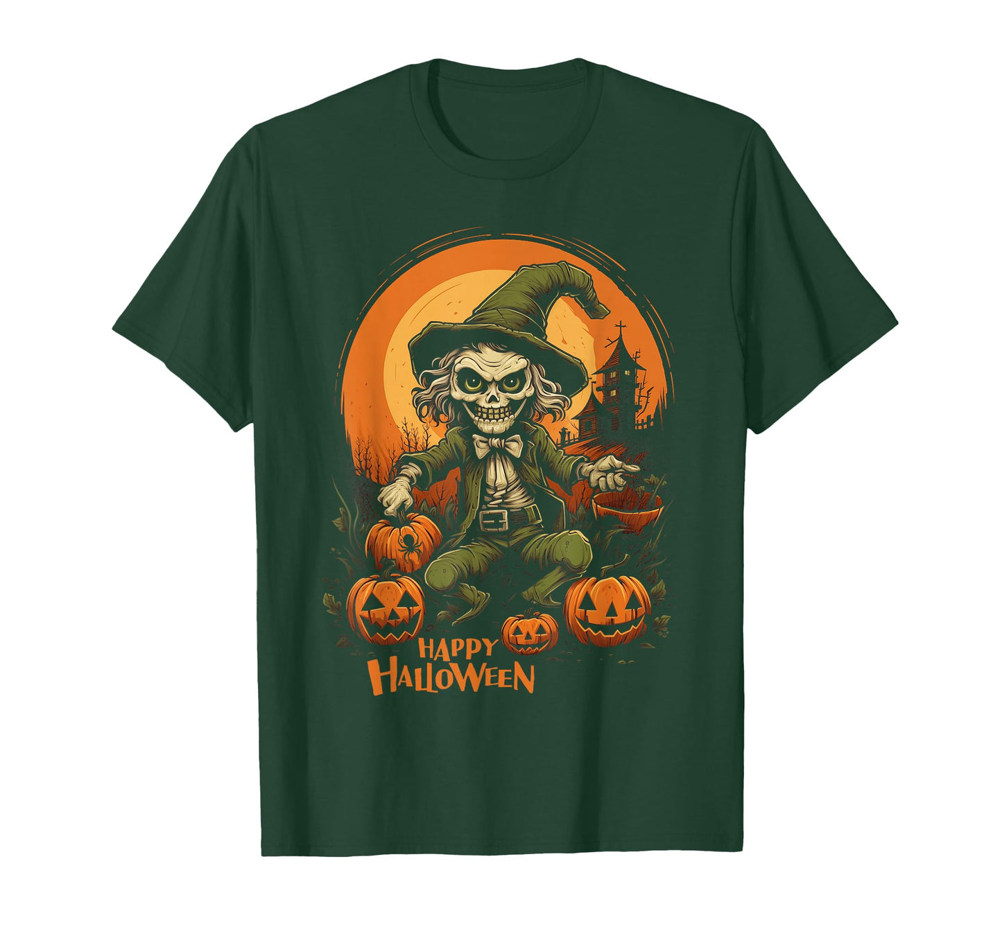 Skeleton Witch and Pumpkin Scene Spooky Halloween Design T-Shirt