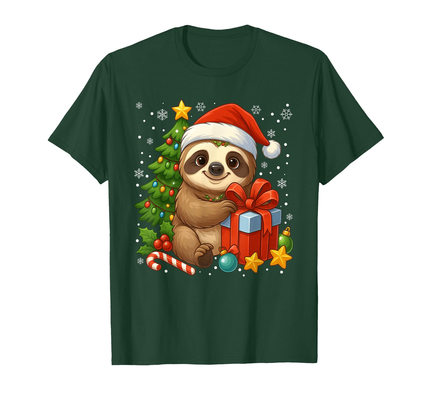 Sloth Santa Hat Christmas Tree Xmas Lights Gift Men Boys Kid T-Shirt
