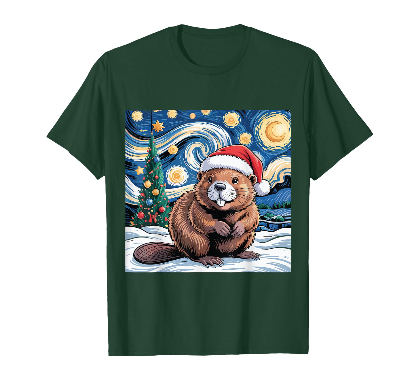 Christmas Beaver Santa Hat Starry Night Winter Tree Holiday T-Shirt