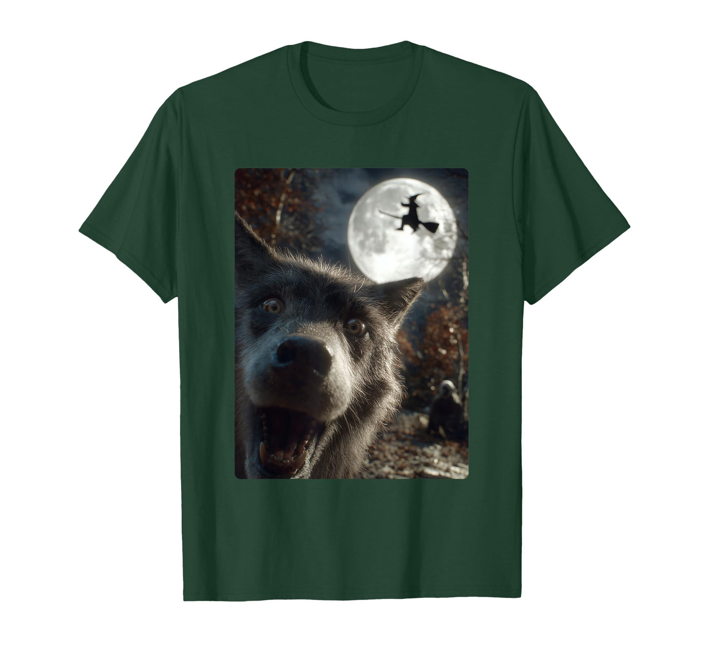 Funny Wolf Selfie Full Moon Flying Witch Forest Halloween T-Shirt