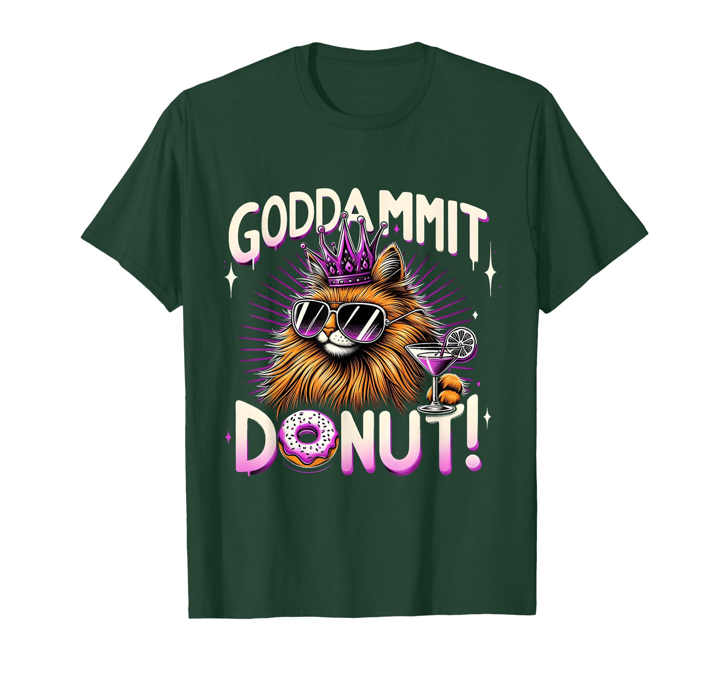 Funny Cool Cat Crown Donut Drink Retro Graphic Design T-Shirt