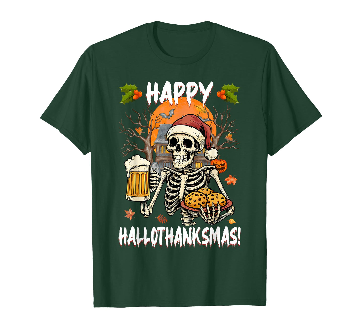 Happy Hallothanksmas Skeleton Drinking Beer & Santa Hat Men T-Shirt