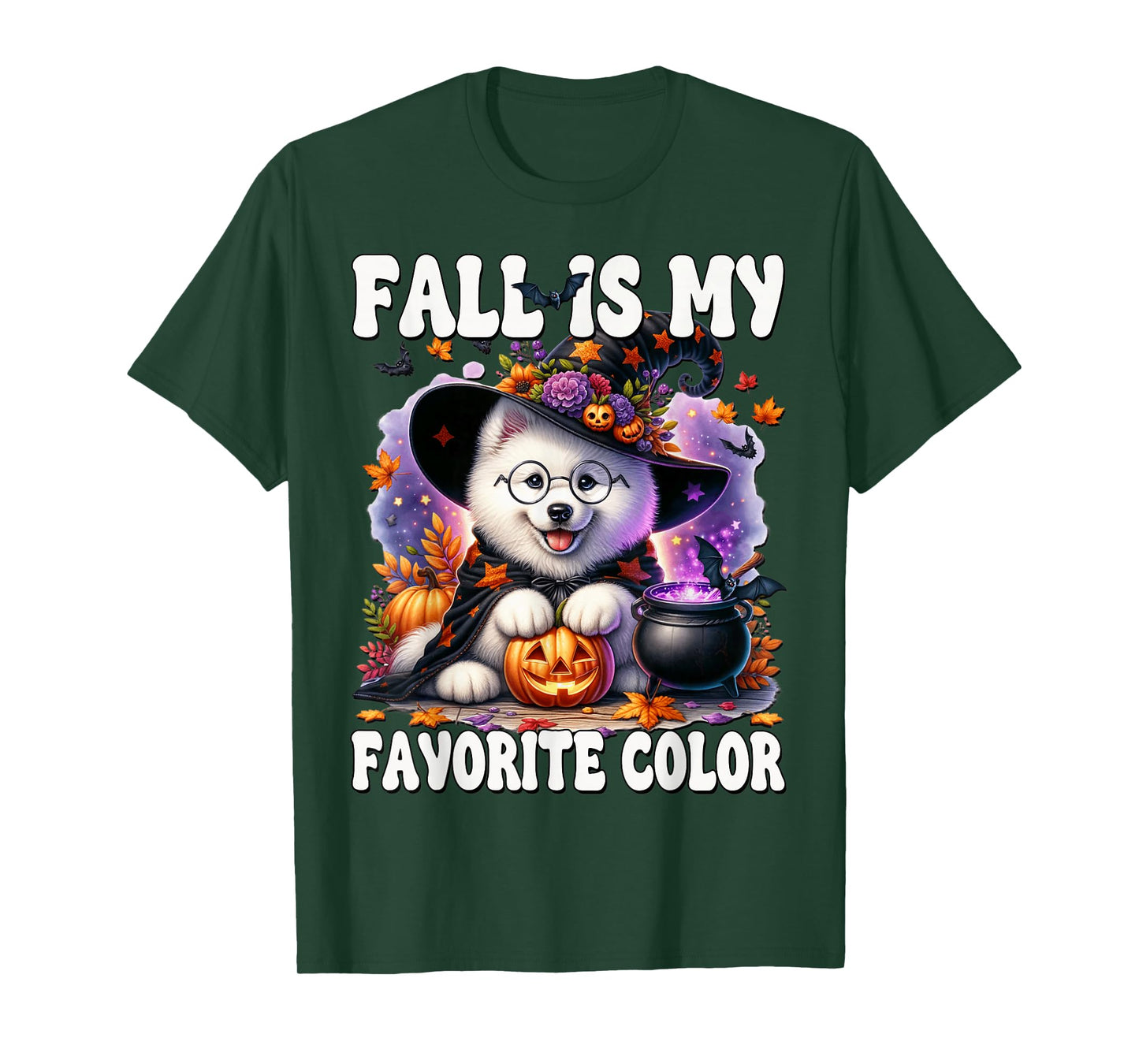 Samoyed Witch Dog Halloween and Fall is My Favorite Color T-Shirt