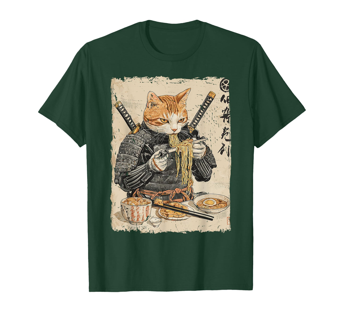 Samurai Cat Loves Ramen Funny Anime Japanese Artwork Samurai T-Shirt