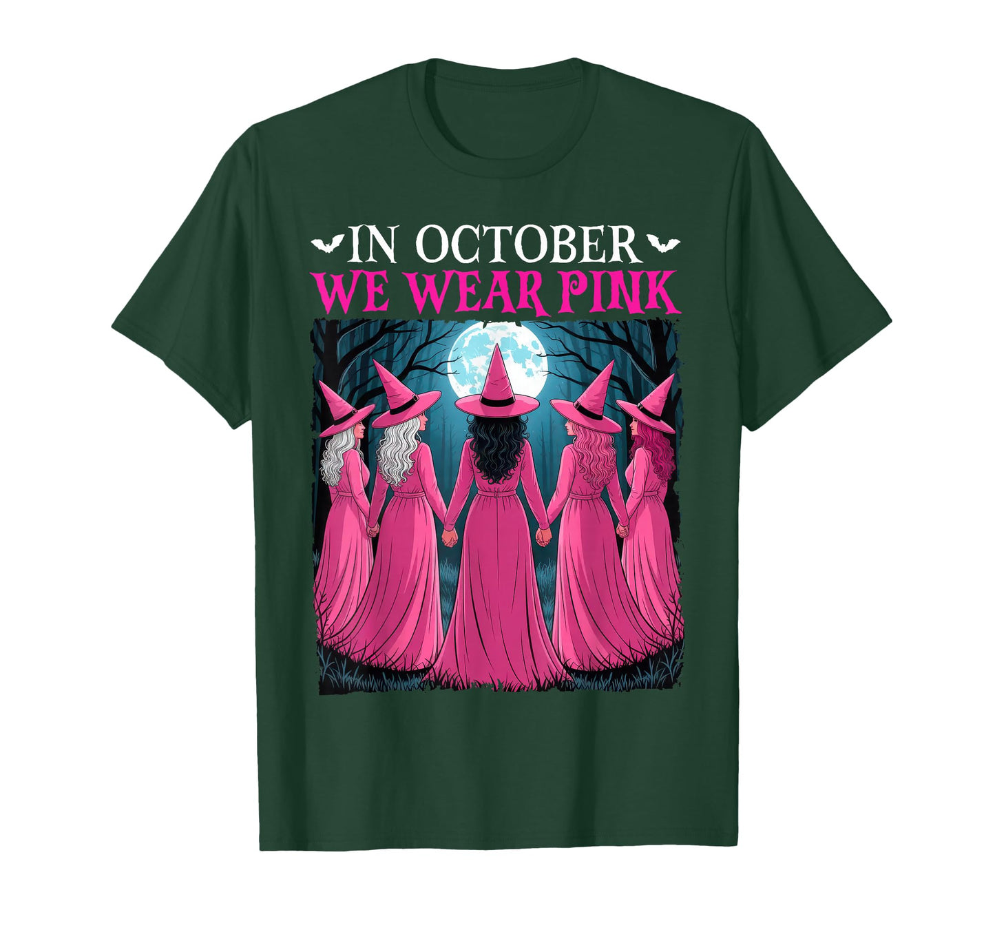 in October We Wear Pink Witch Halloween Breast Cancer Women T-Shirt