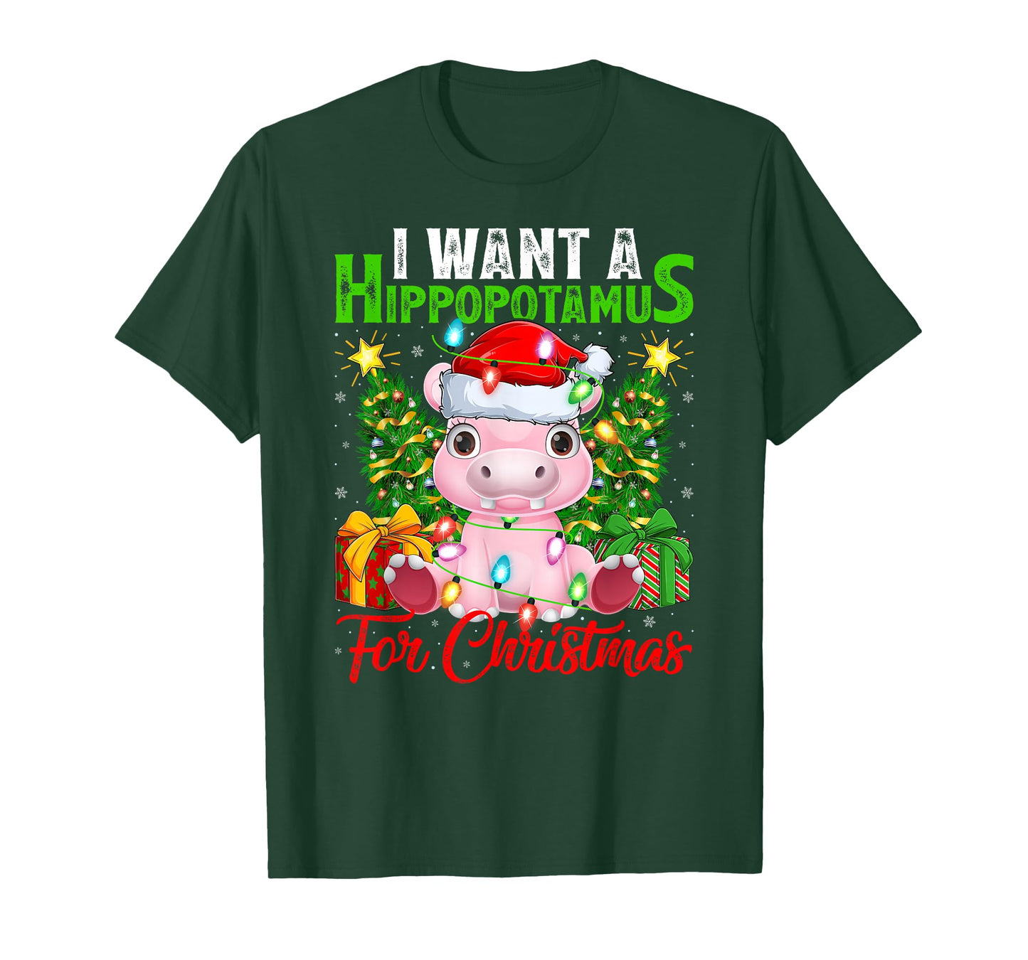 Hippo Xmas Lights Funny I Want A Hippopotamus for Christmas T-Shirt