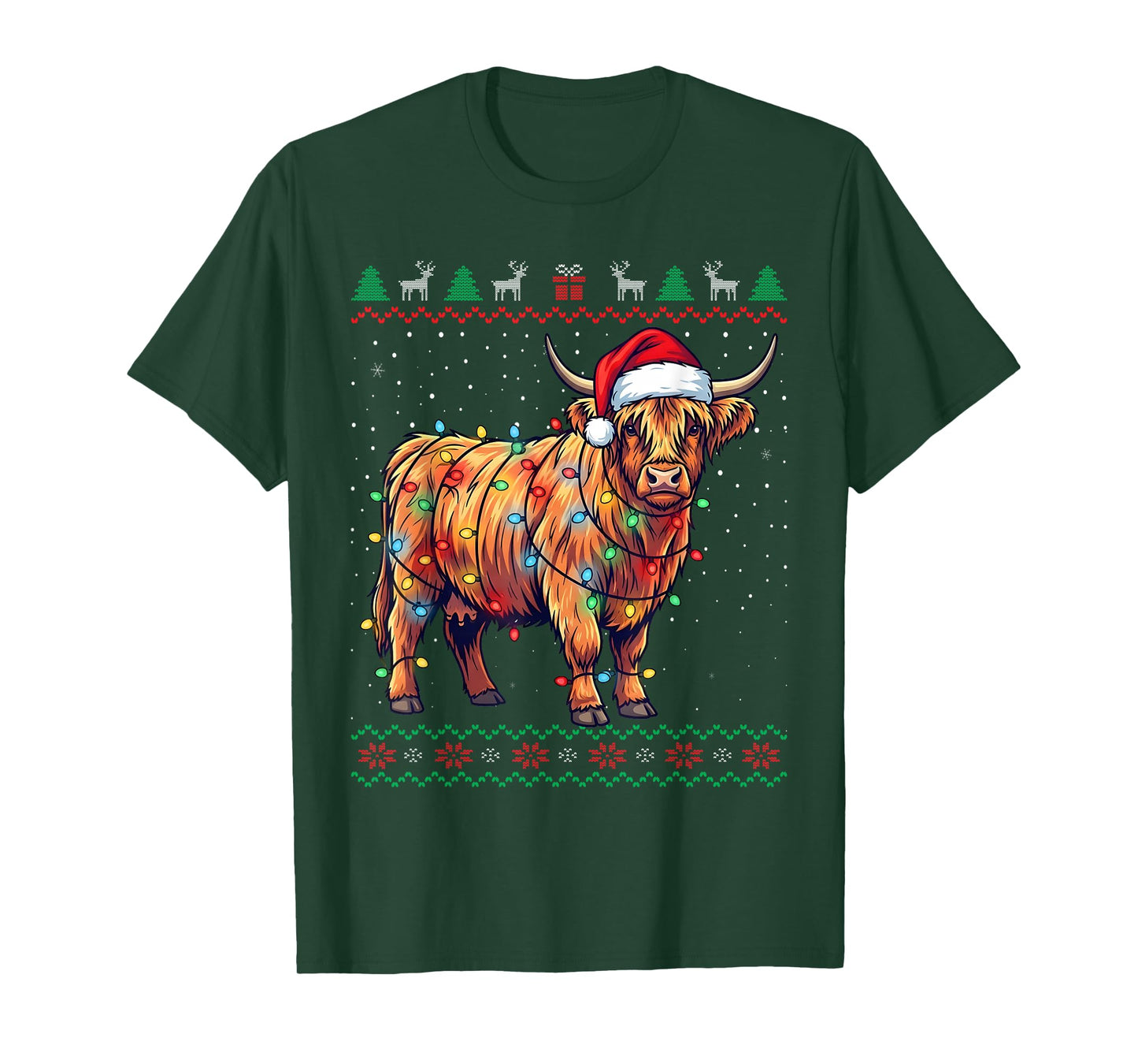 Funny Highland Cow Christmas Lights Santa Hat Holiday T-Shirt