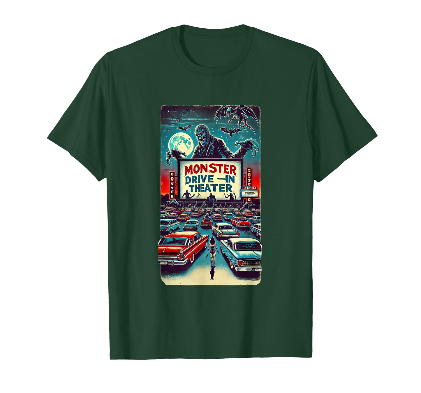 Retro Monster Horror Drive-In Halloween Design T-Shirt