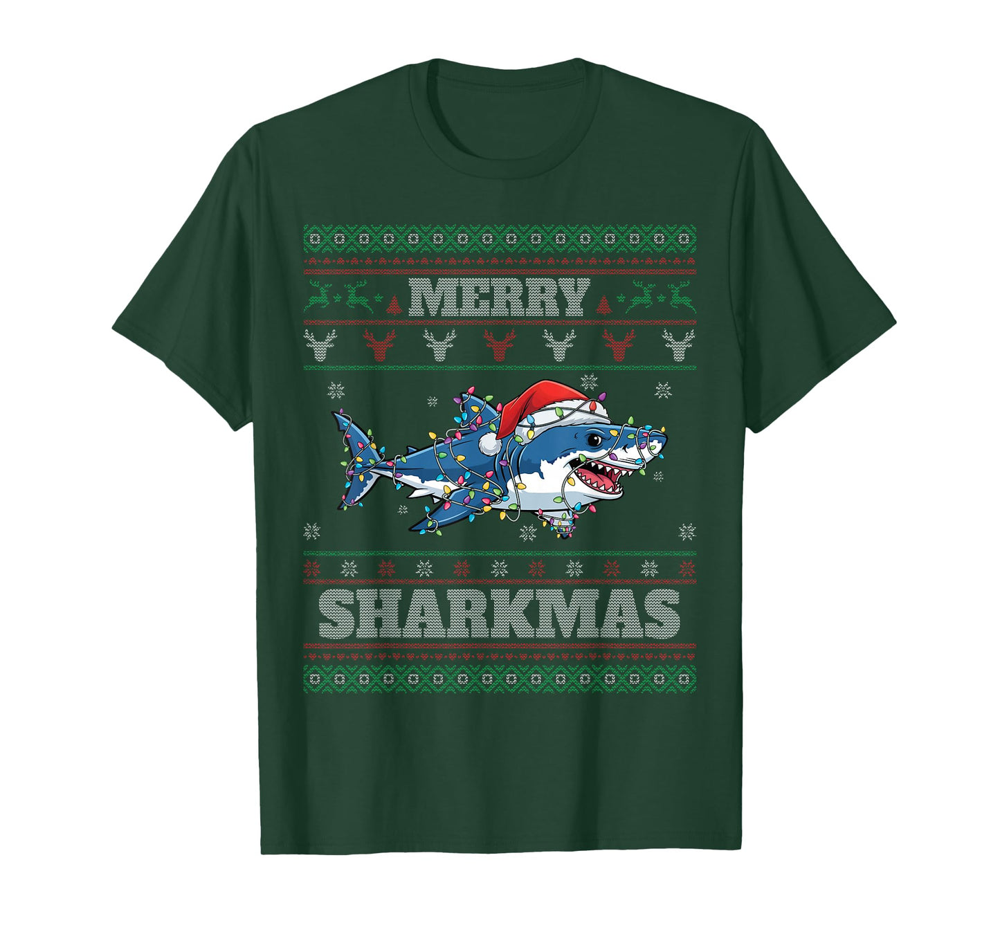Merry Sharkmas Shark Lights Santa Hat Funny Ugly Christmas T-Shirt
