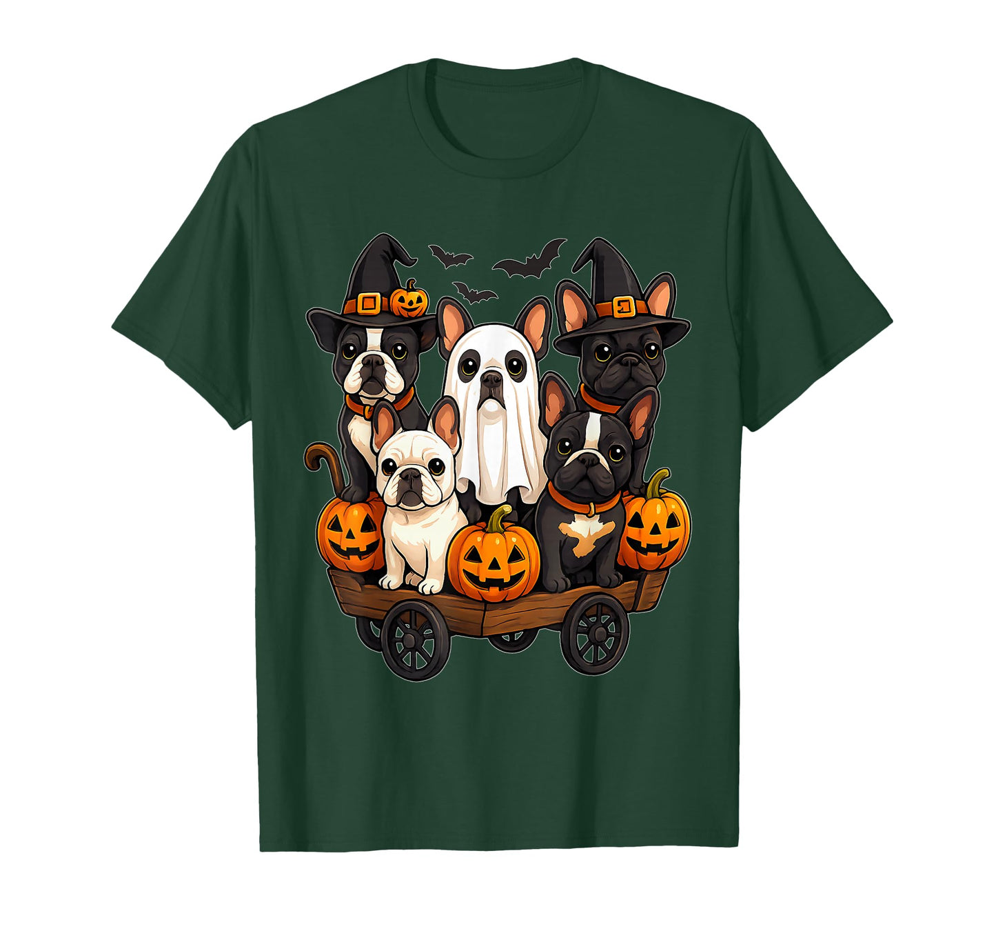 Halloween Bulldog Dogs Ghost Witch Pumpkins Wooden Wagon T-Shirt