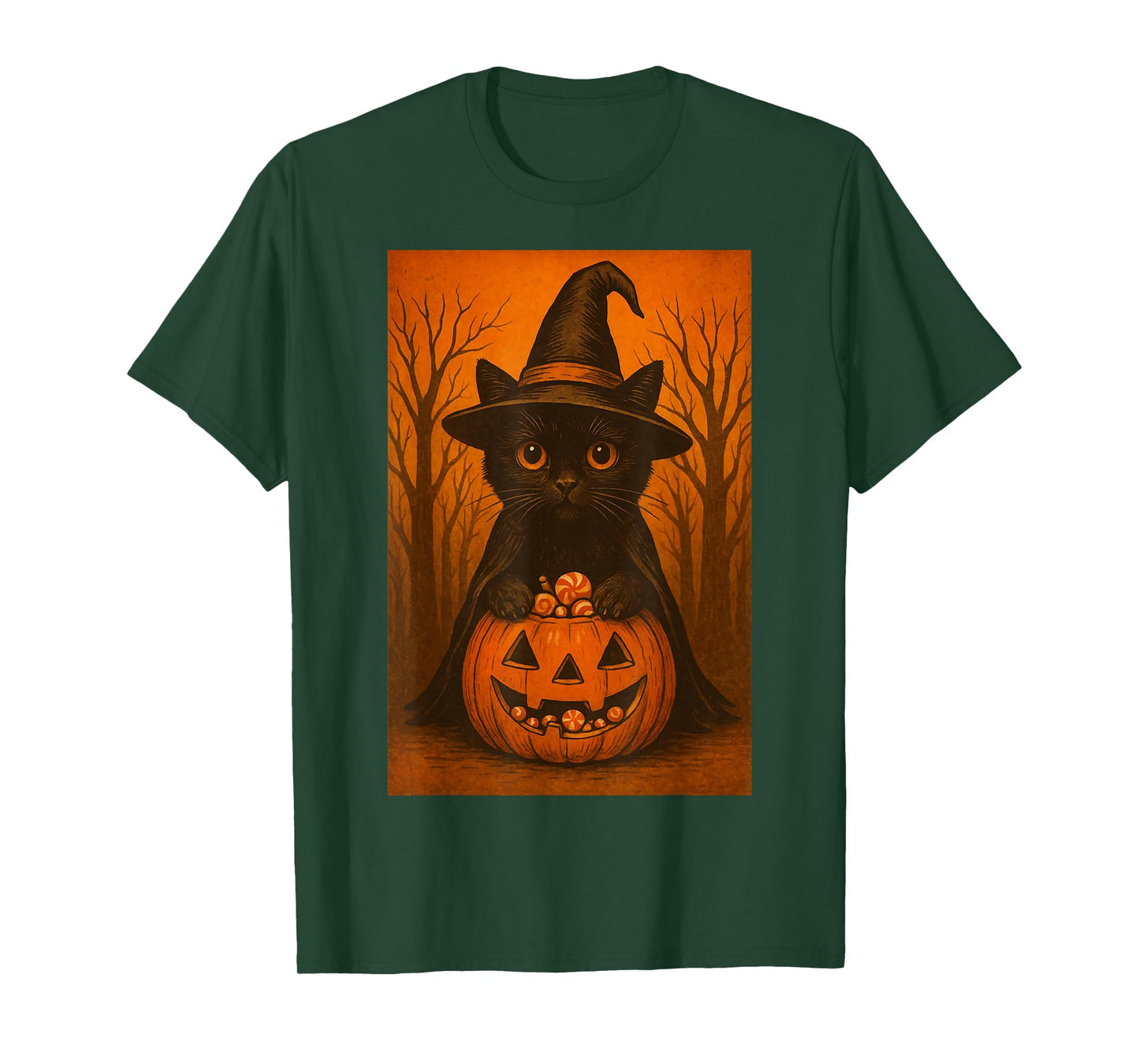 Vintage Black Cat Witch Pumpkin Halloween Candy Design T-Shirt