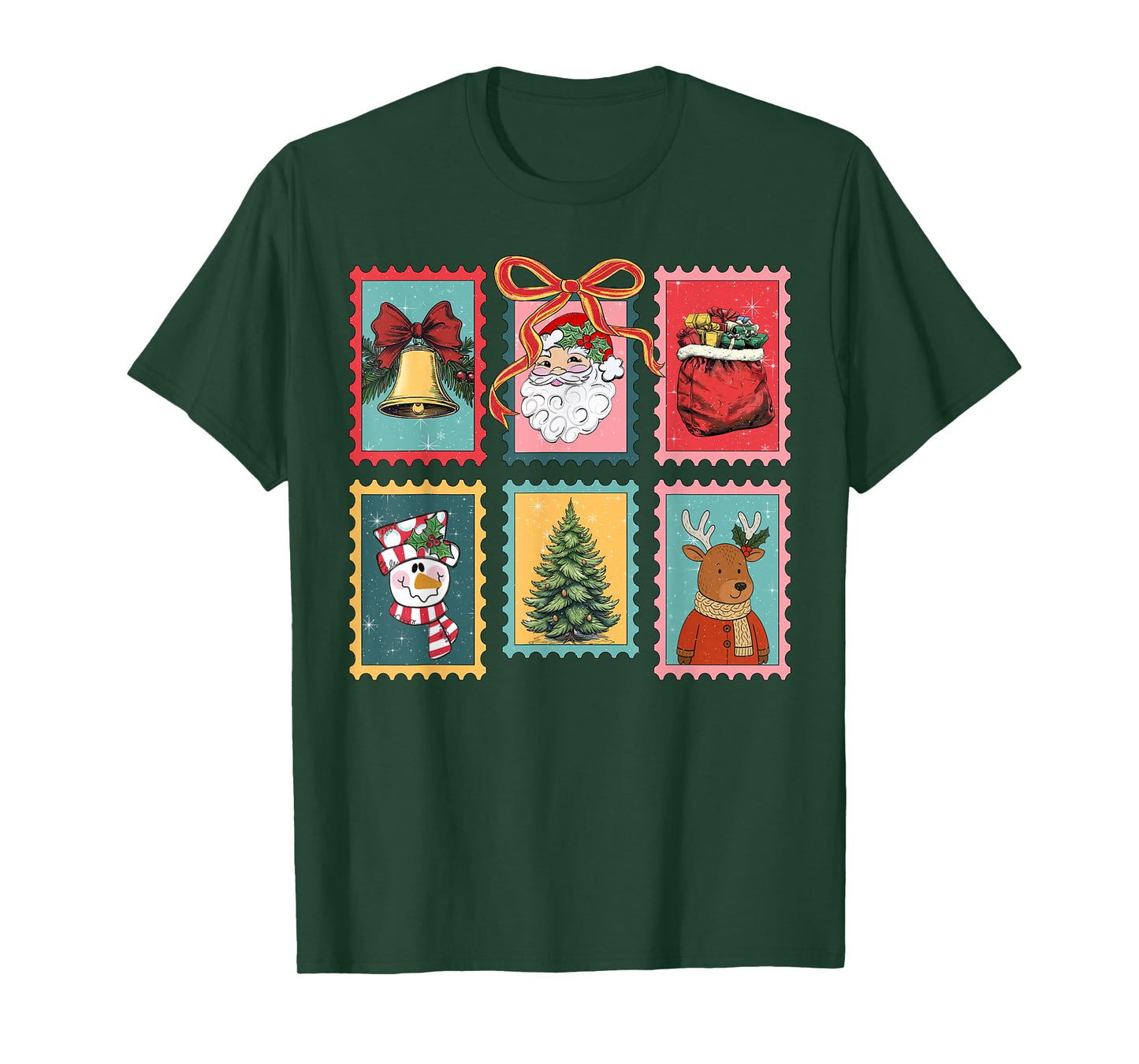 Retro Funny Coquette Bow Christmas Stamps Santa Xmas Holiday T-Shirt
