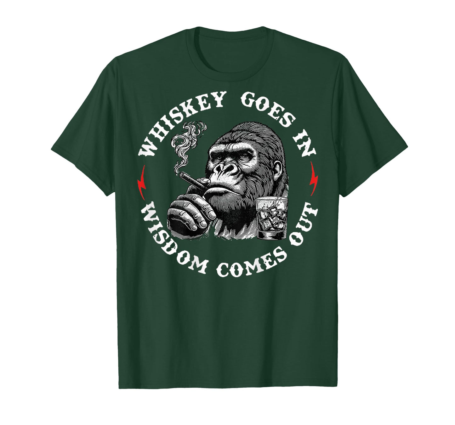 Whiskey Goes in Wisdom Comes Out Funny Monkey (On Back) T-Shirt