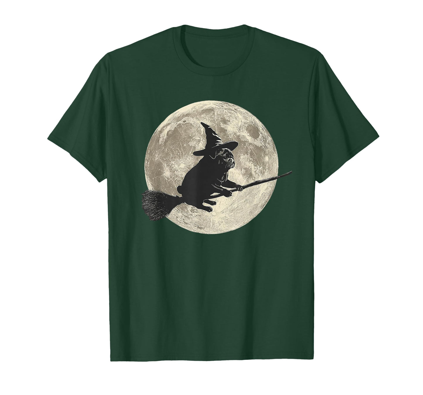 Halloween Moon Pug Witch Broomstick T-Shirt