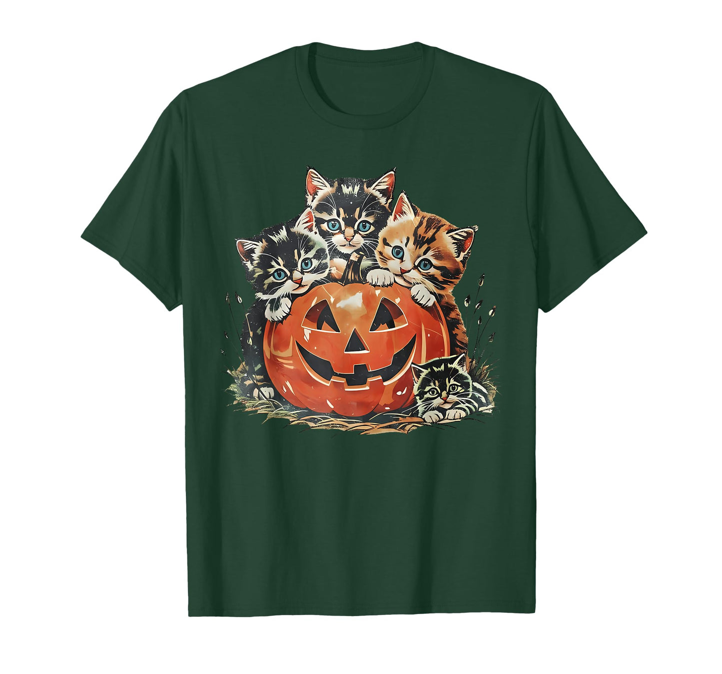 Vintage 90s Cat Pumpkin Halloween Retro Floral Spooky Season T-Shirt