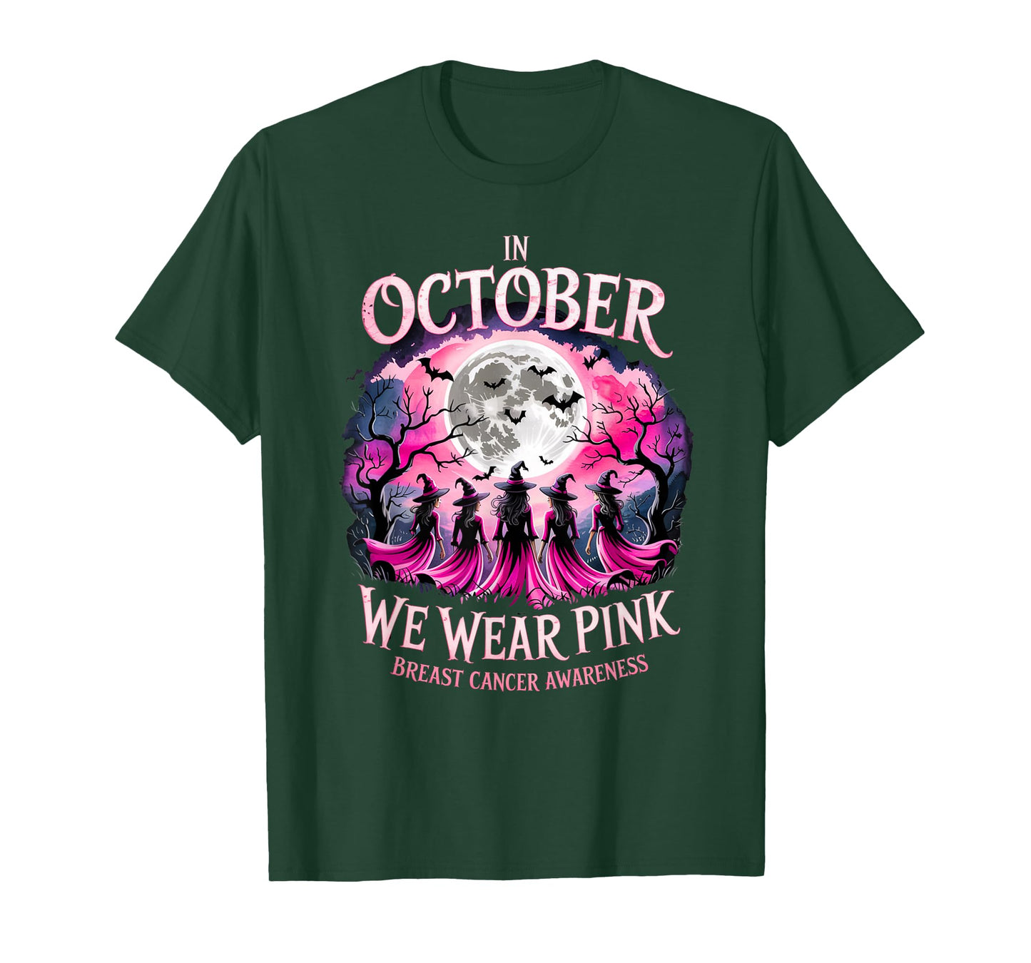 in October We Wear Pink Retro Witch Breast Cancer Awareness T-Shirt