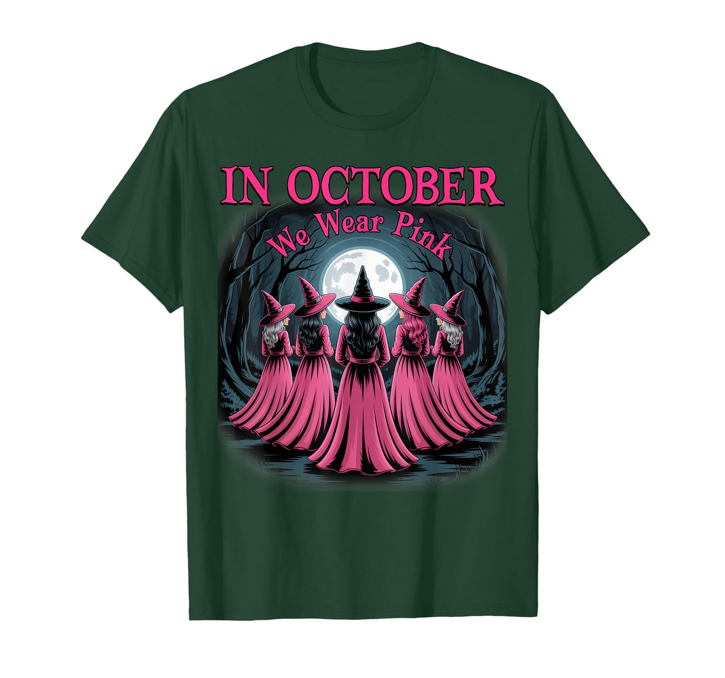 in October We Wear Pink Witch Halloween Breast Cancer Women T-Shirt