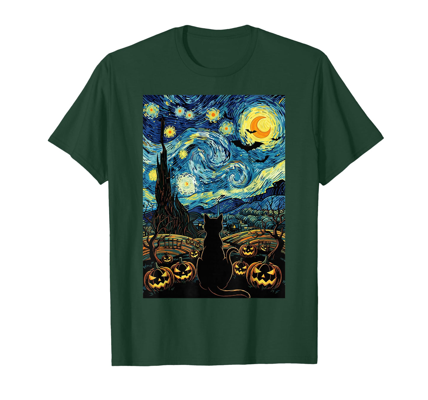 Halloween Starry Night Cat Pumpkin Moon Bat Art Scene T-Shirt