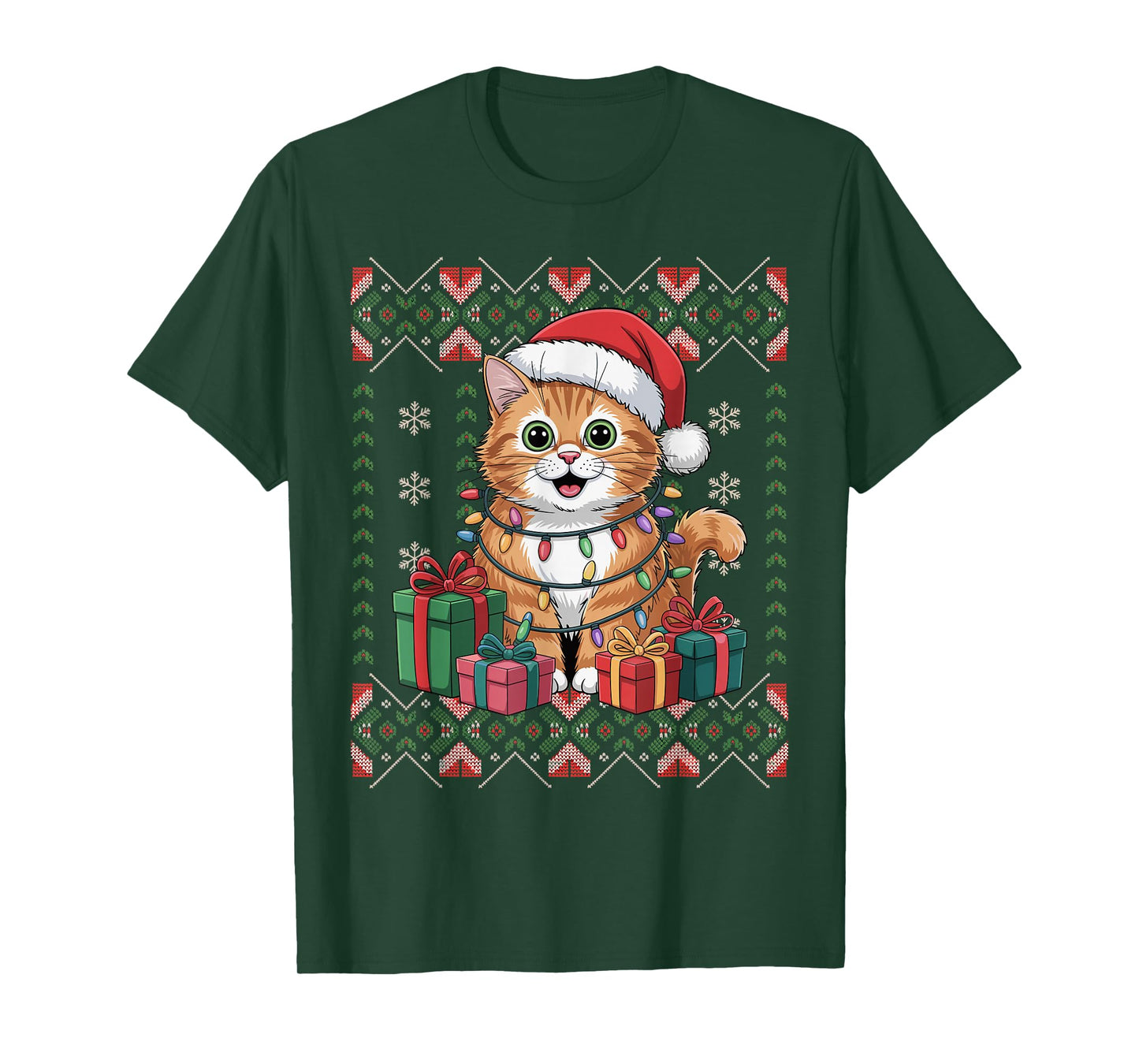 Santa Cat Christmas Ugly Sweater Funny Holiday Pajamas T-Shirt