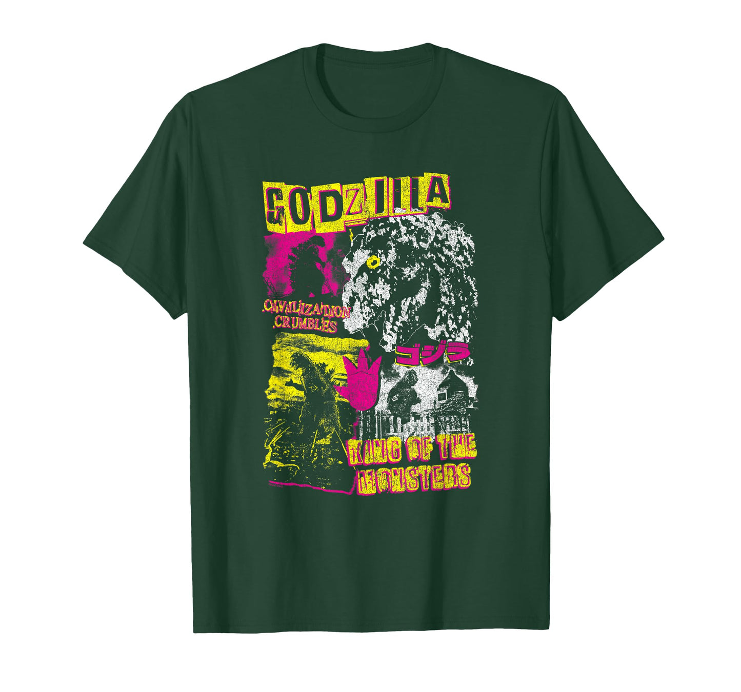 Godzilla Civilization Crumbles Neon Collage Retro Movie T-Shirt
