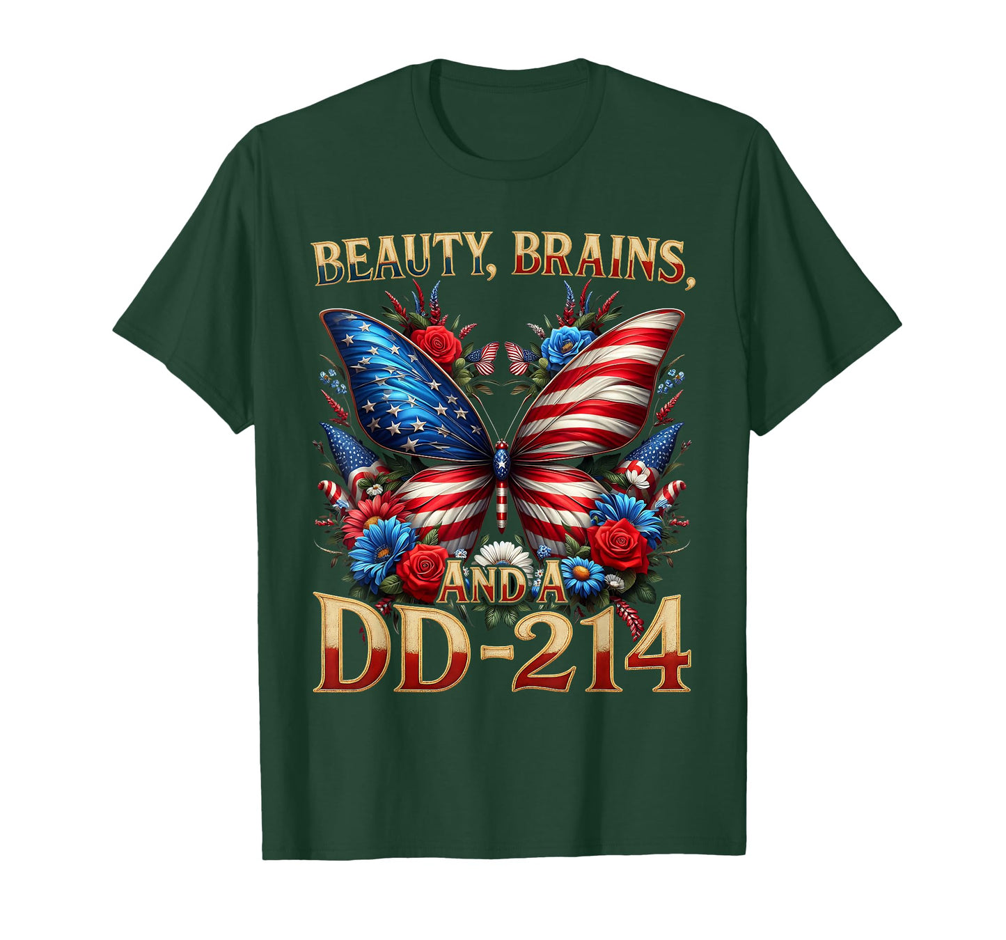 Female Veteran Army Floral Vintage Beauty Brains US T-Shirt