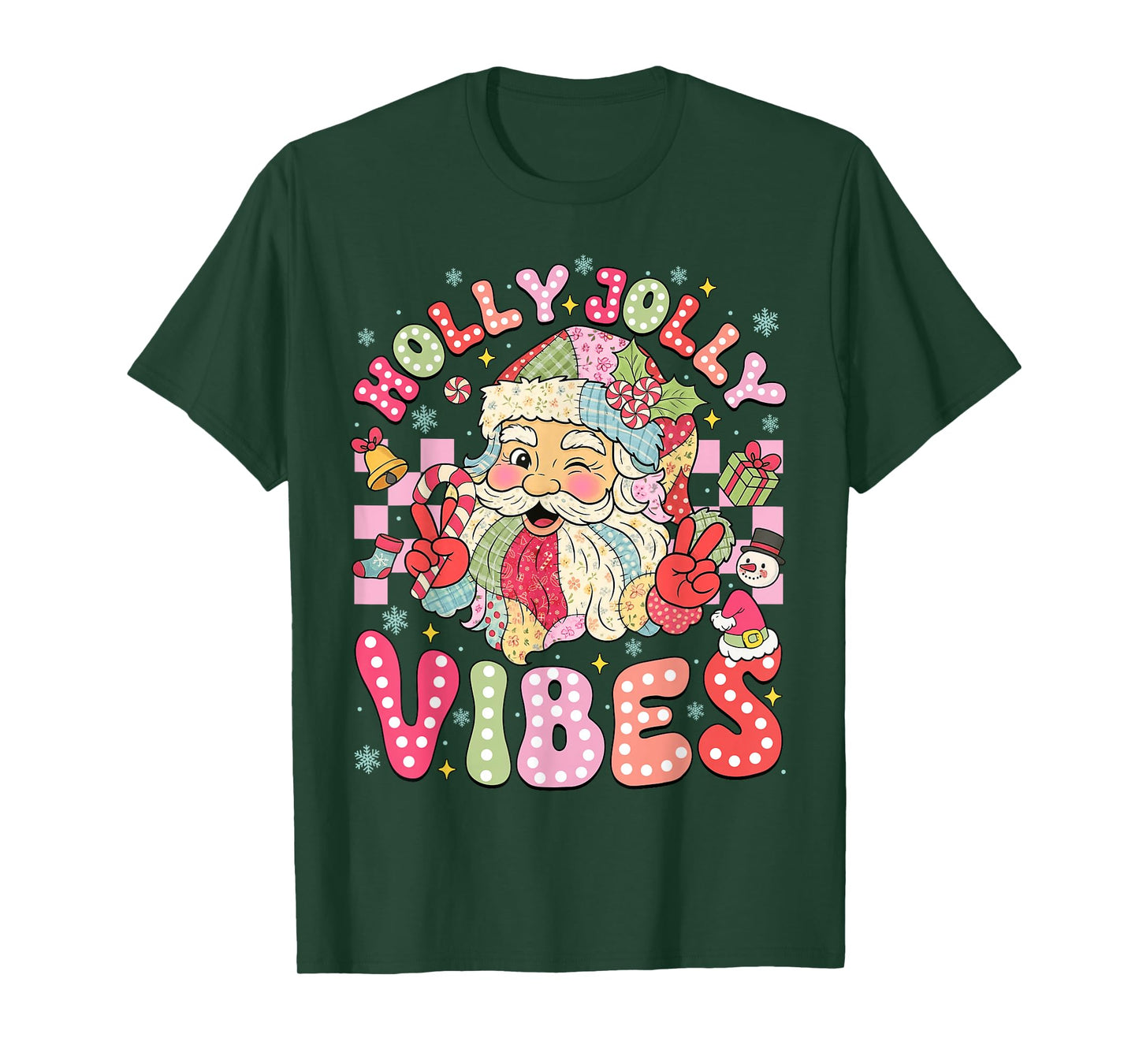 Patchwork Cute Santa Claus Christmas Vibes Xmas Women Girls T-Shirt