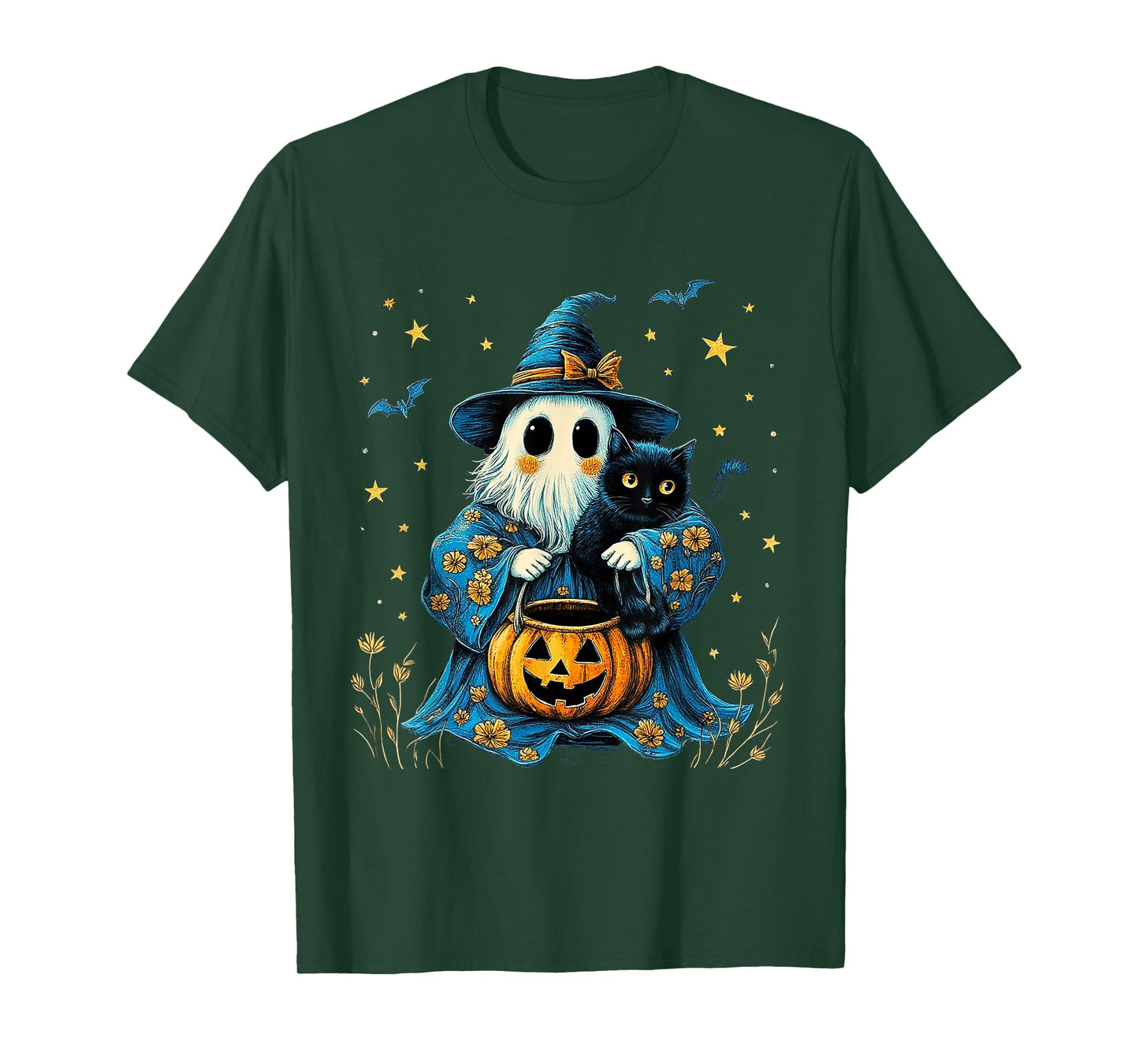 Ghost Holding Black Cat Lover Halloween 2025 Groovy Floral T-Shirt